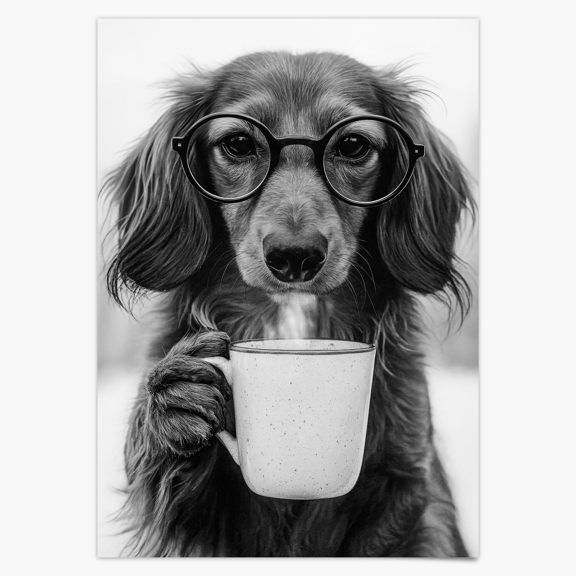 Langhaardackel trinkt Kaffee Poster Küche und Esszimmer Bild