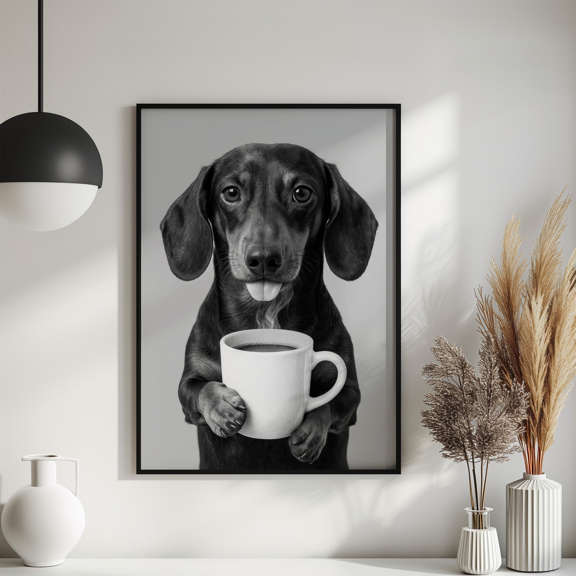 Dackel trinkt Kaffee Poster Wandkunst - Schwarz-Weiß Druck