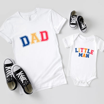 Dad & Little Man Shirts Vater Sohn Partnerlook T-Shirts Vatertag Outfit Set Babybody bedruckt Geschenk zur Geburt Geschenk für Eltern