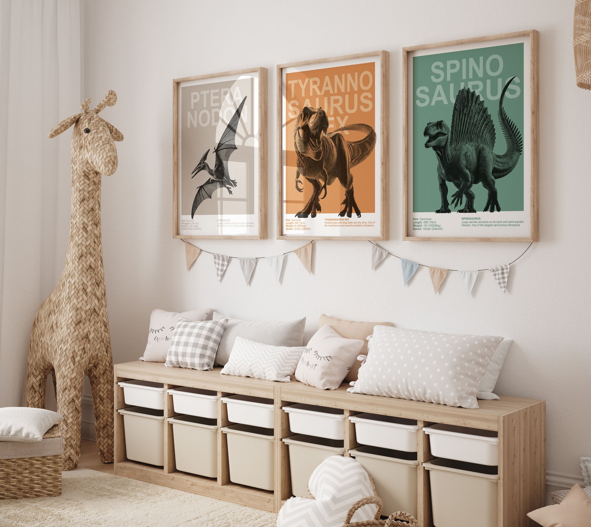 Dinosaurier Poster Kinderzimmer Deko - Dino Print Wanddekoration T-Rex Bilder 3er, 6er, 9er Set