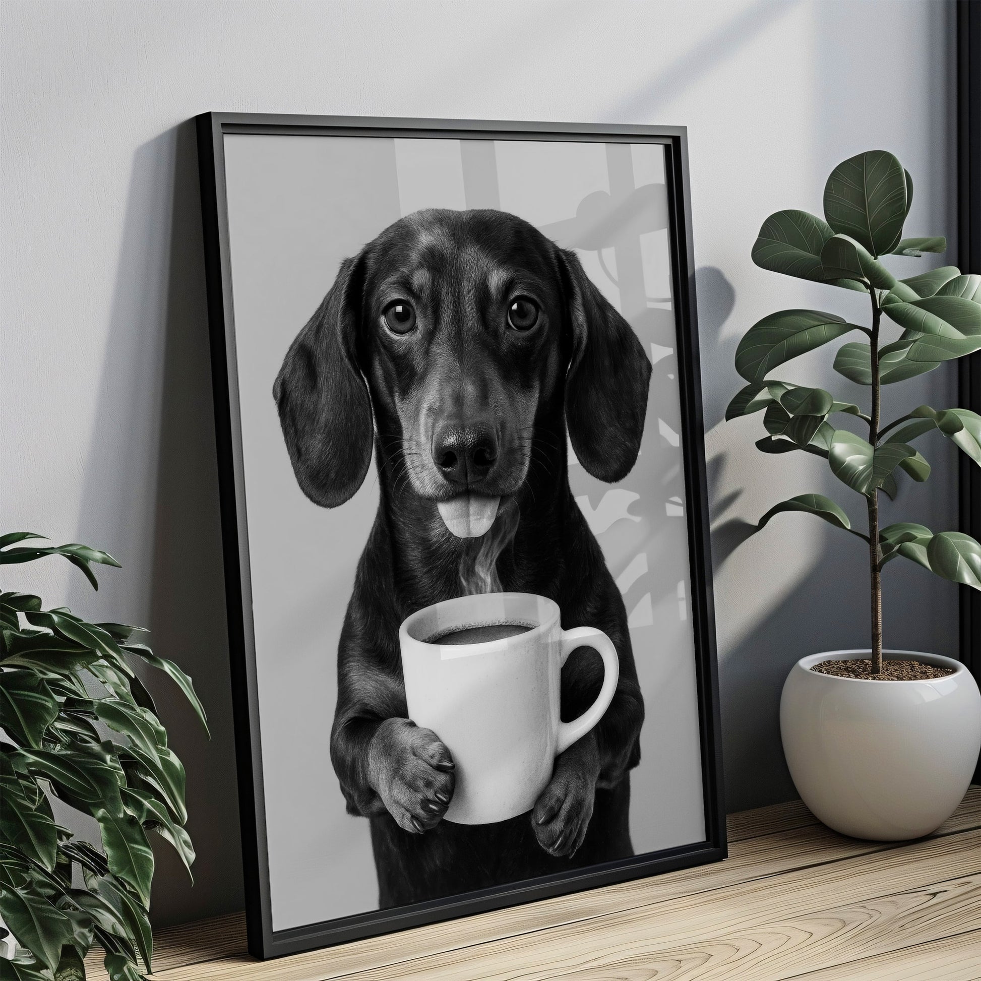 Dackel trinkt Kaffee Poster Wandkunst - Schwarz-Weiß Druck