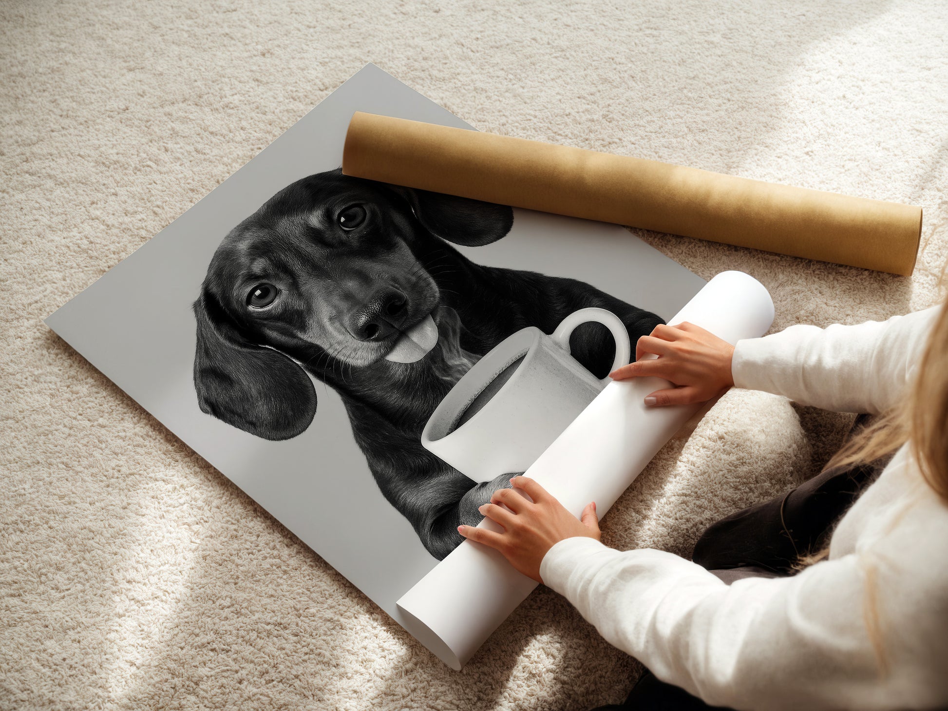 Dackel trinkt Kaffee Poster Wandkunst - Schwarz-Weiß Druck