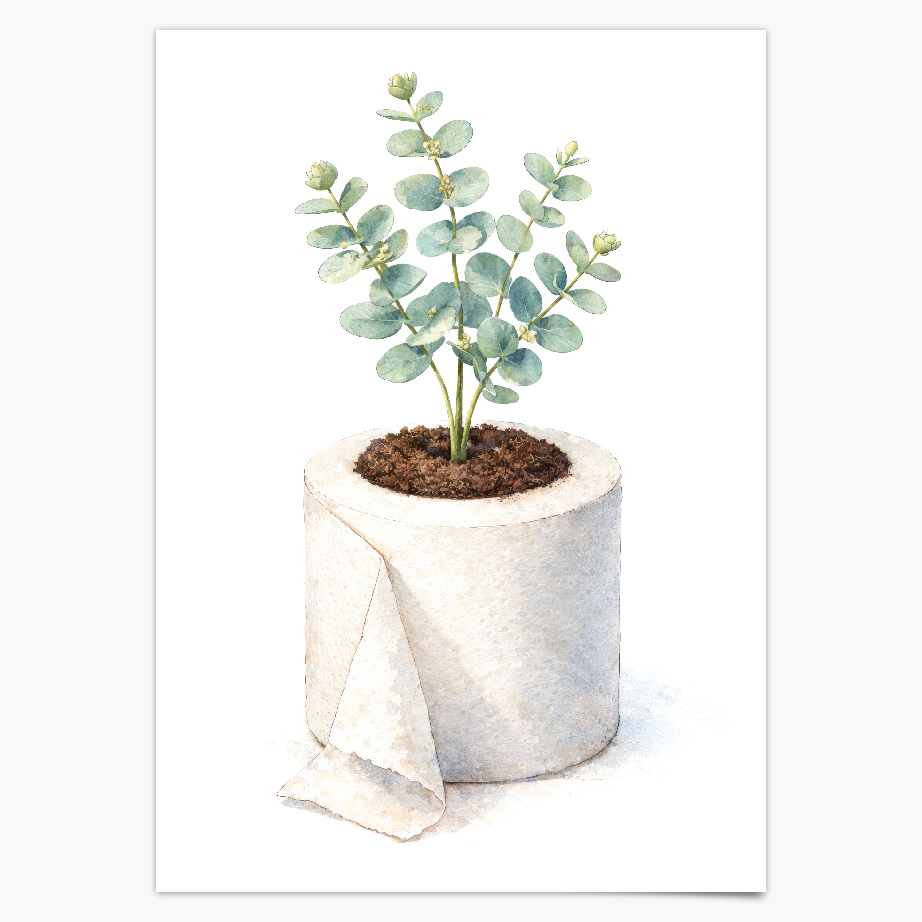 Badezimmer Poster mit Eukalyptus in Klopapierrolle als Watercolor Illustration