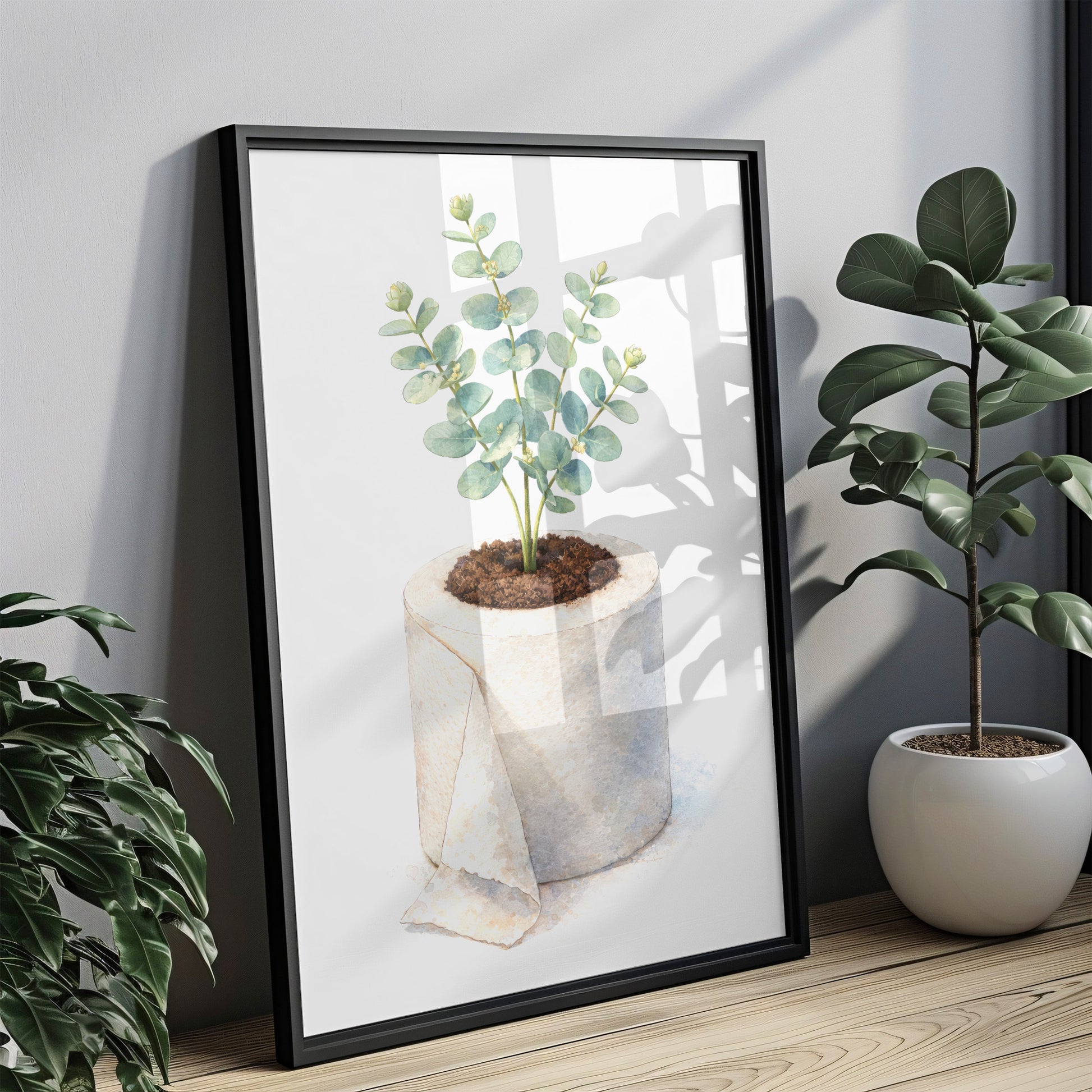 Badezimmer Poster mit Eukalyptus in Klopapierrolle als Watercolor Illustration