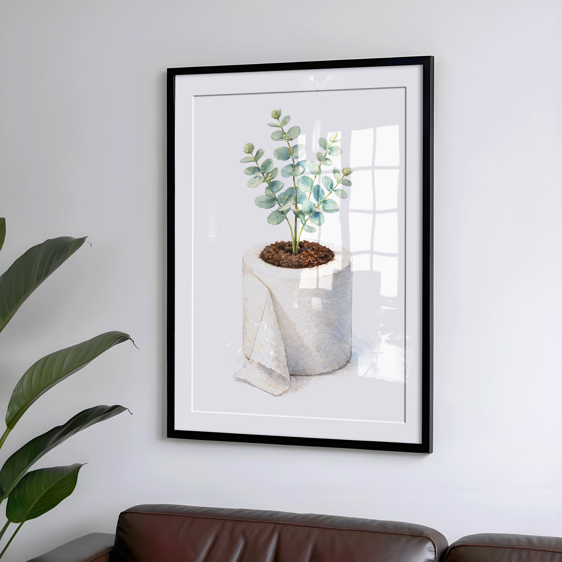 Badezimmer Poster mit Eukalyptus in Klopapierrolle als Watercolor Illustration