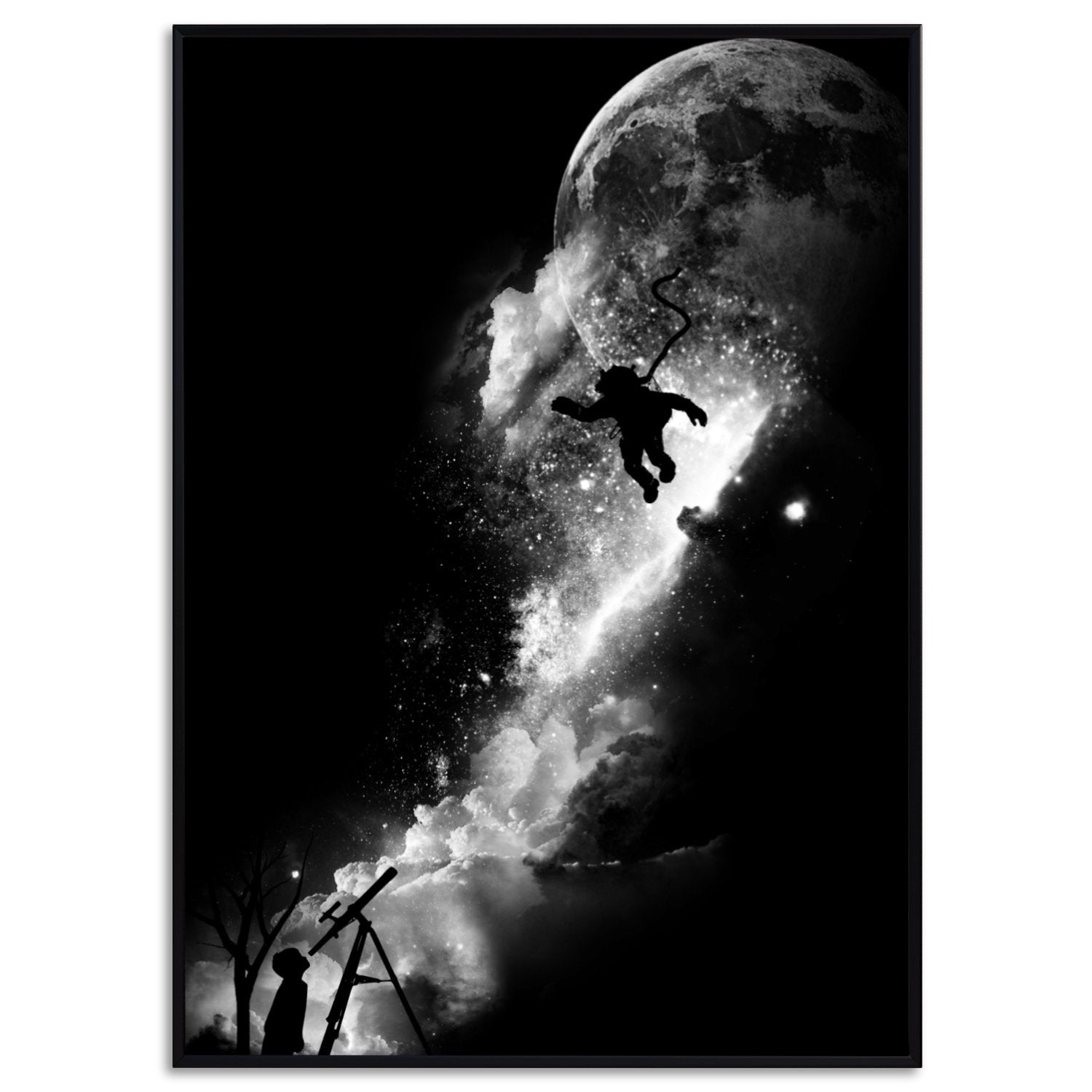 Falling Sky Poster Junge guckt zum Mond und Himmel Bild Wohnzimmer Poster Weltraum Astronomie Wandkunst Wanddeko Wanddekoration Giclee Druck