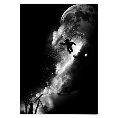 Falling Sky Poster Junge guckt zum Mond und Himmel Bild Wohnzimmer Poster Weltraum Astronomie Wandkunst Wanddeko Wanddekoration Giclee Druck