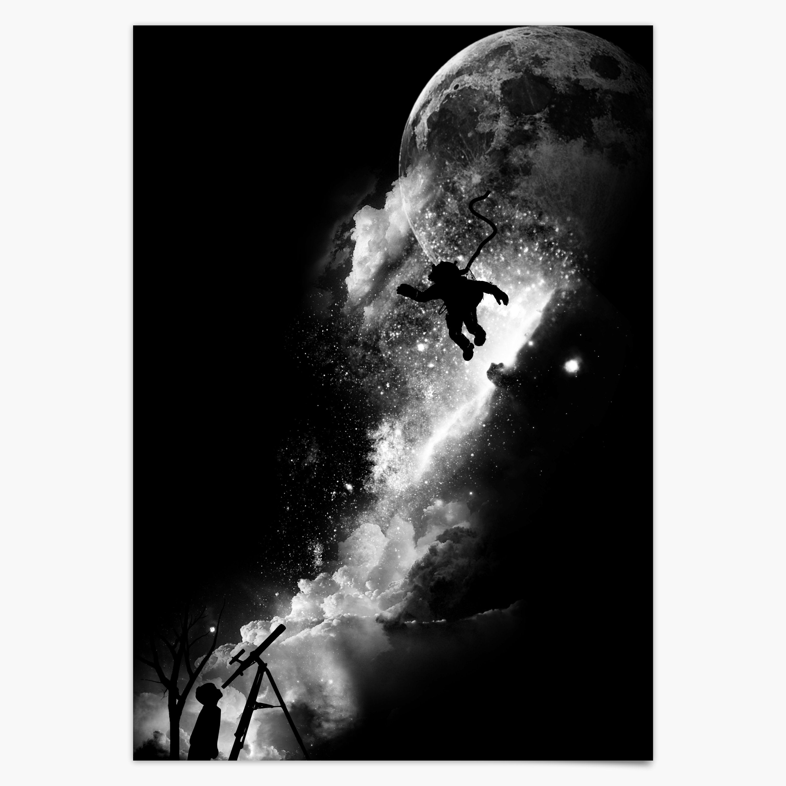 Falling Sky Poster Junge guckt zum Mond und Himmel Bild Wohnzimmer Poster Weltraum Astronomie Wandkunst Wanddeko Wanddekoration Giclee Druck