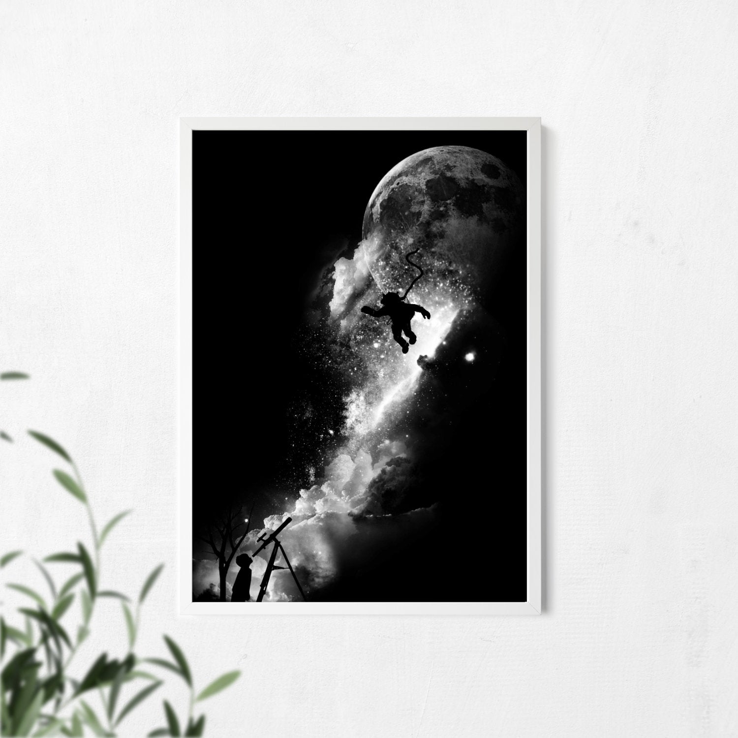 Falling Sky Poster Junge guckt zum Mond und Himmel Bild Wohnzimmer Poster Weltraum Astronomie Wandkunst Wanddeko Wanddekoration Giclee Druck