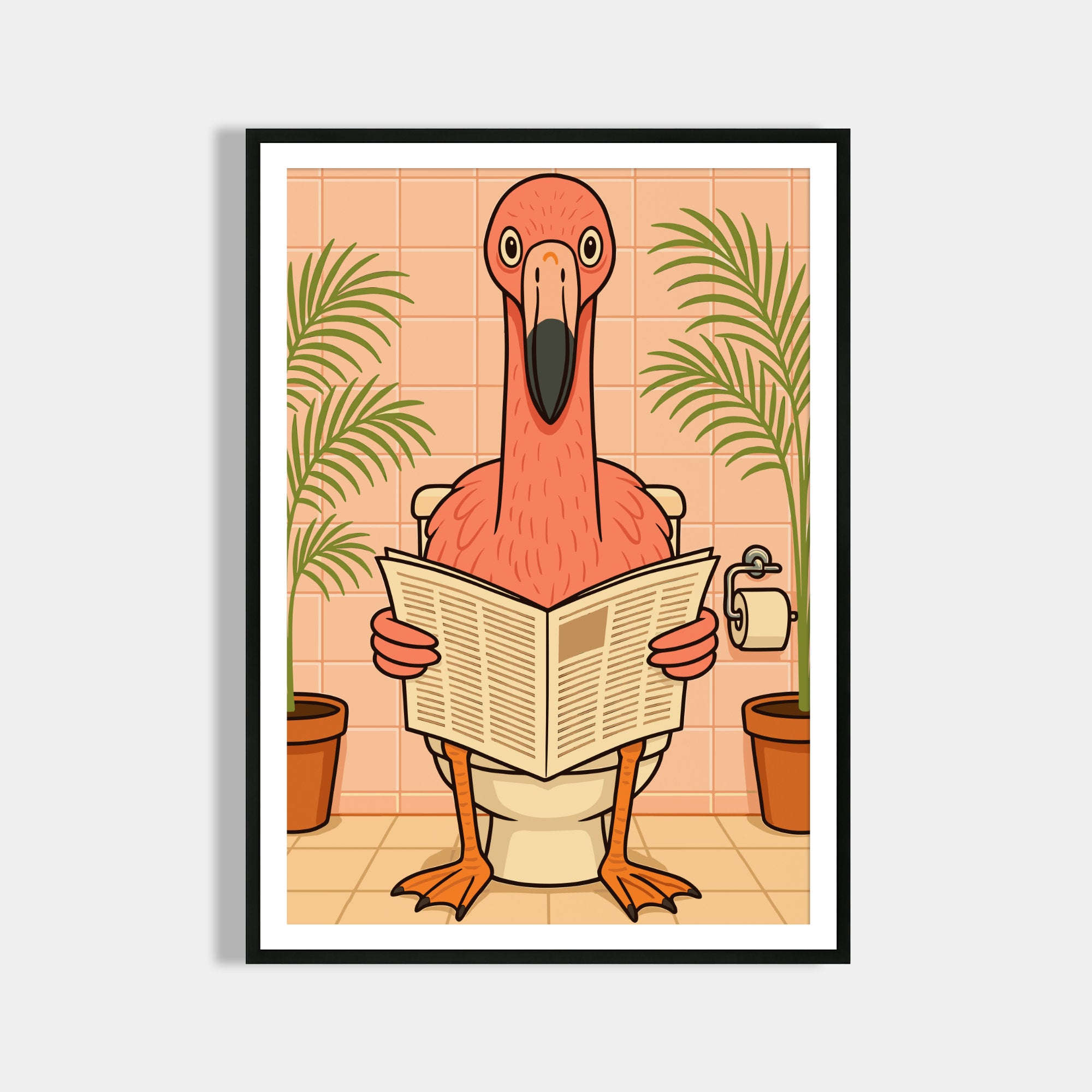 Flamingo liest Zeitung auf der Toilette - Badezimmer Poster Kunstdruck - Gäste WC Deko - Geschenk Einweihungsparty Hausbau Badezimmer Print