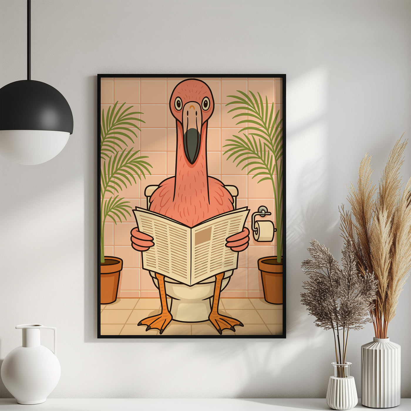 Flamingo liest Zeitung auf der Toilette - Badezimmer Poster Kunstdruck - Gäste WC Deko - Geschenk Einweihungsparty Hausbau Badezimmer Print