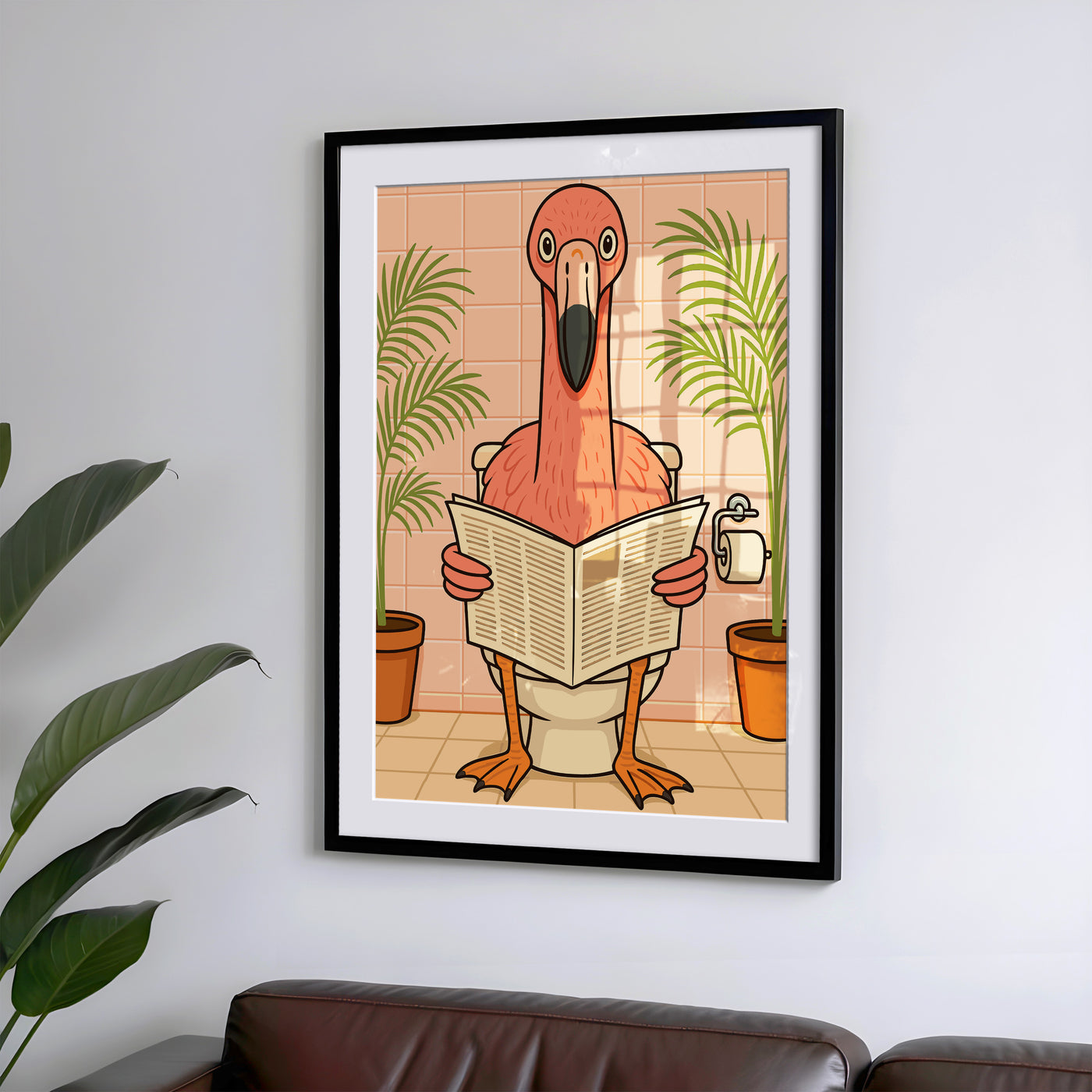 Flamingo liest Zeitung auf der Toilette - Badezimmer Poster Kunstdruck - Gäste WC Deko - Geschenk Einweihungsparty Hausbau Badezimmer Print