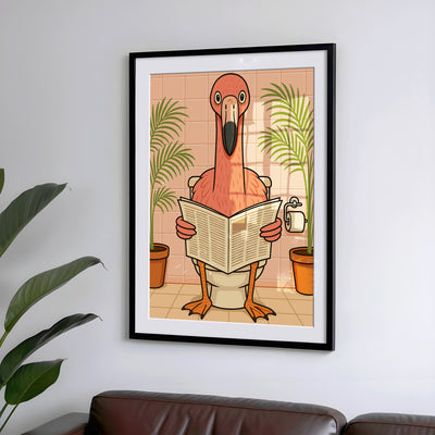 Flamingo liest Zeitung auf der Toilette - Badezimmer Poster Kunstdruck - Gäste WC Deko - Geschenk Einweihungsparty Hausbau Badezimmer Print