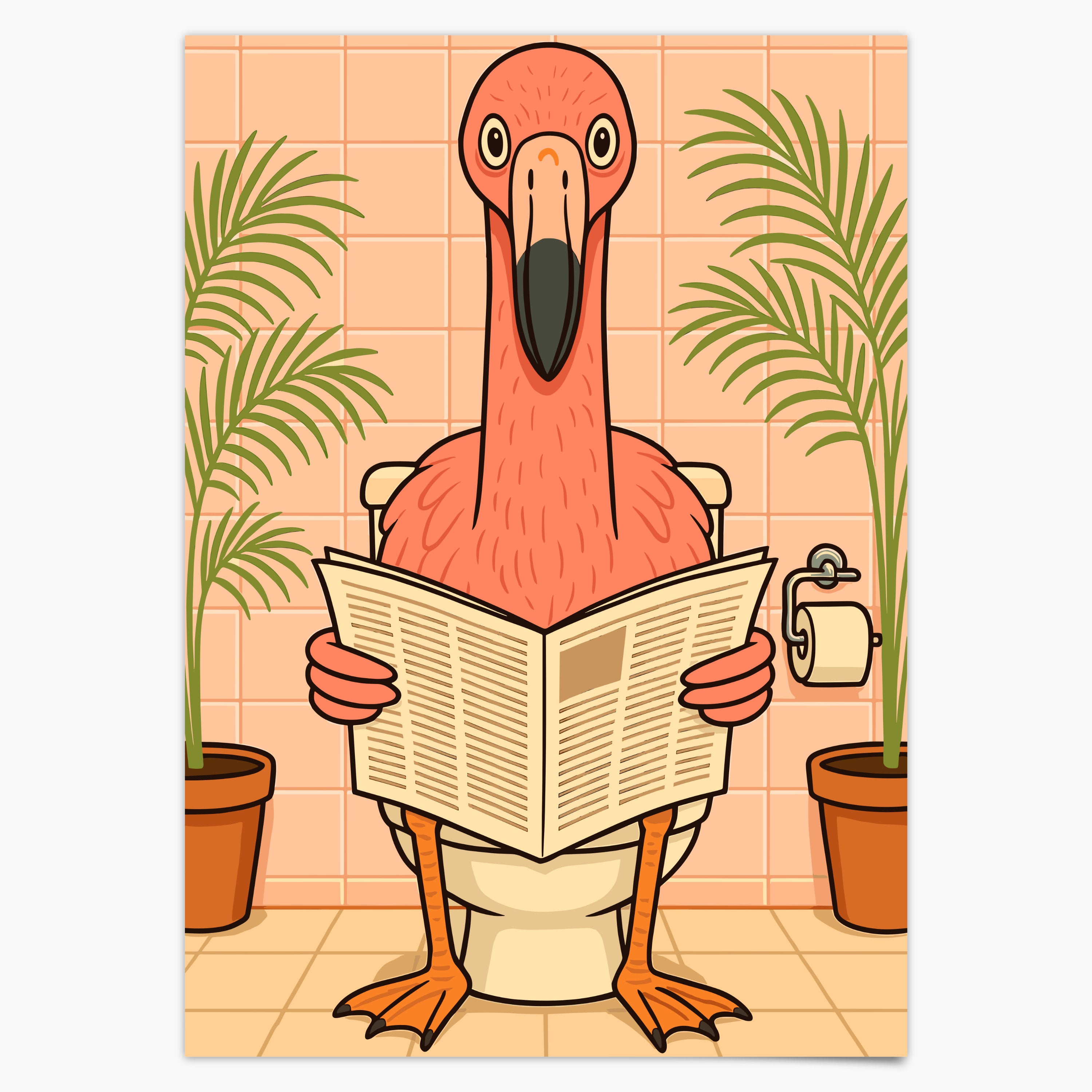 Flamingo liest Zeitung auf der Toilette - Badezimmer Poster Kunstdruck - Gäste WC Deko - Geschenk Einweihungsparty Hausbau Badezimmer Print