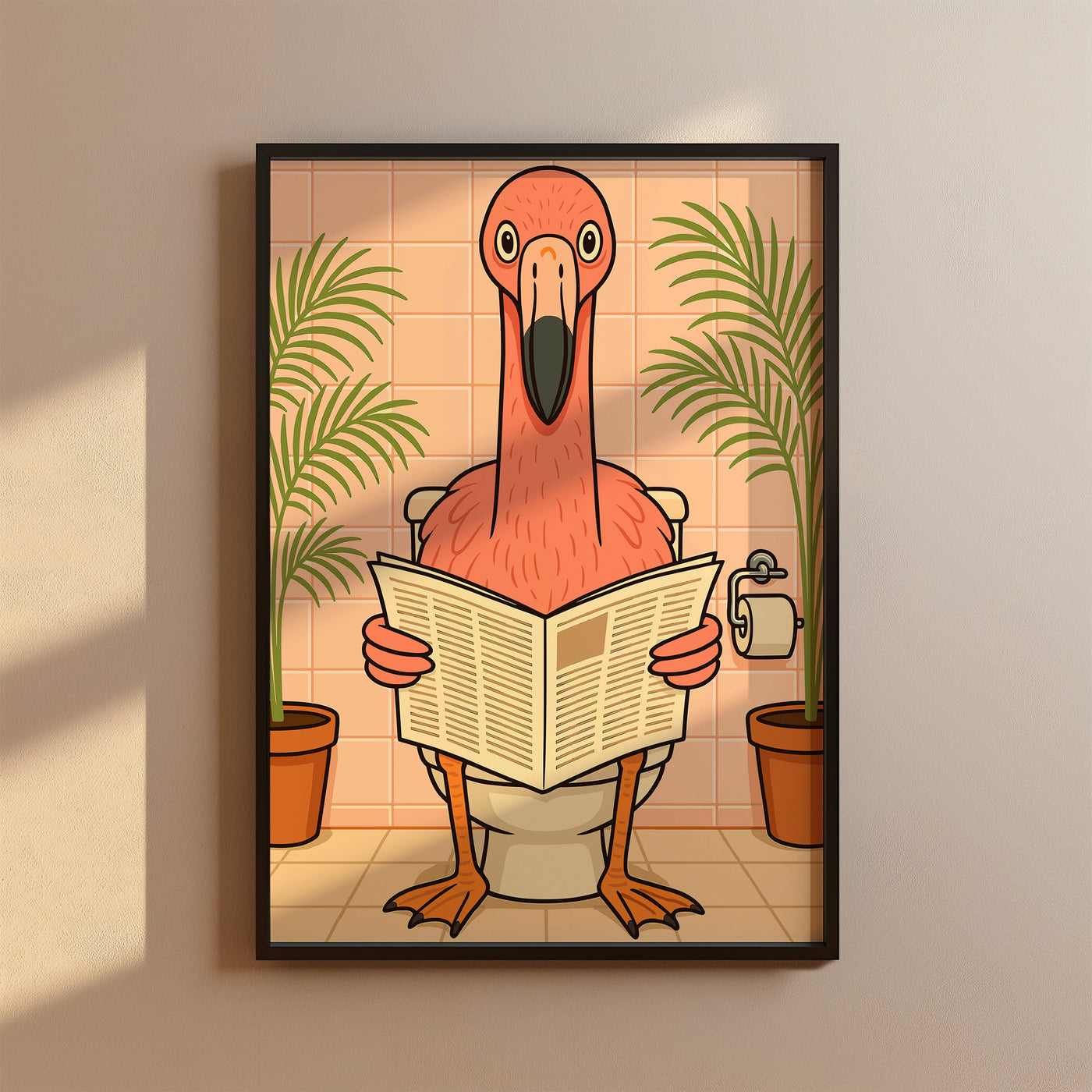 Flamingo liest Zeitung auf der Toilette - Badezimmer Poster Kunstdruck - Gäste WC Deko - Geschenk Einweihungsparty Hausbau Badezimmer Print