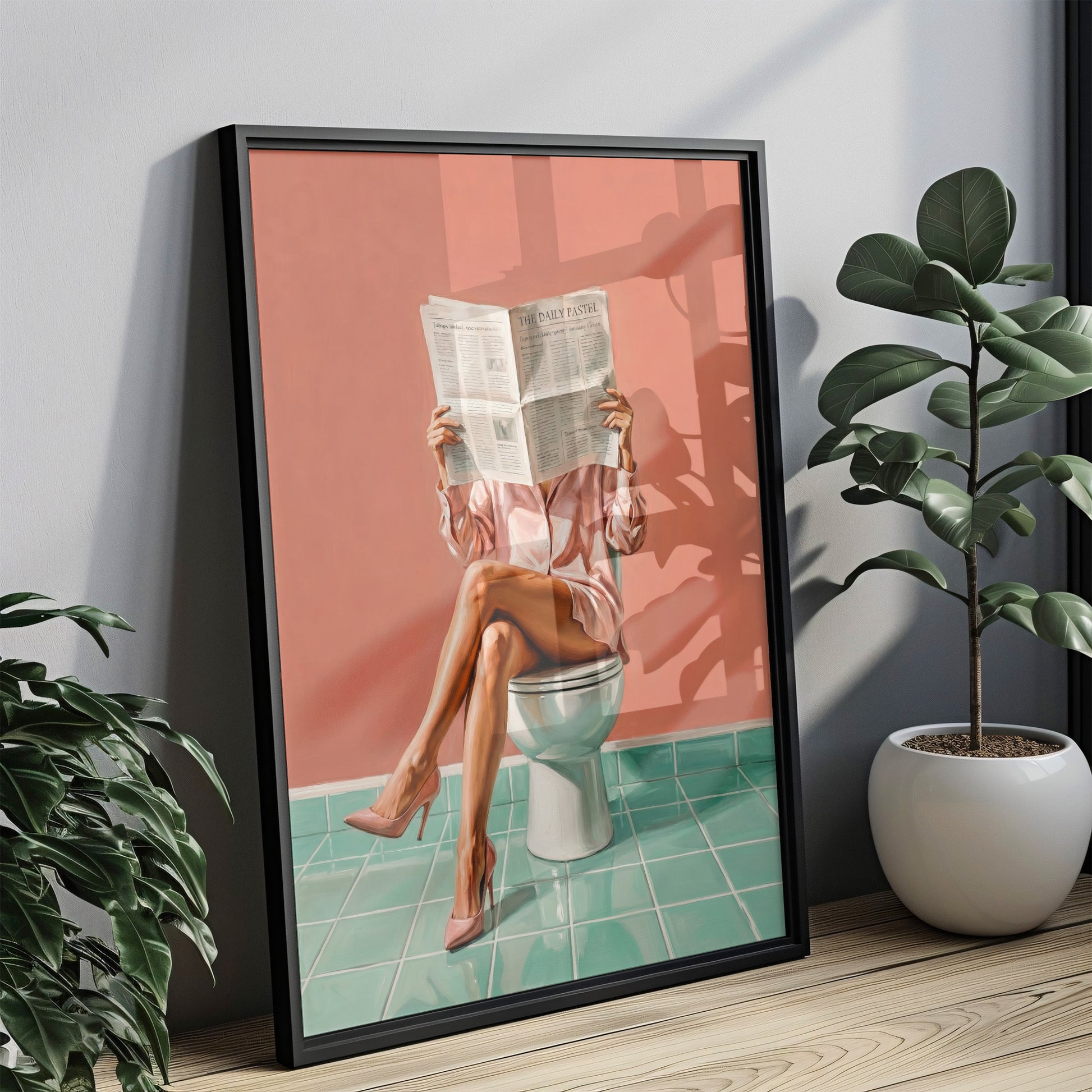 Frau liest Zeitung auf Toilette in High Heels Poster Badezimmer Deko Pastell Vintage Kunst