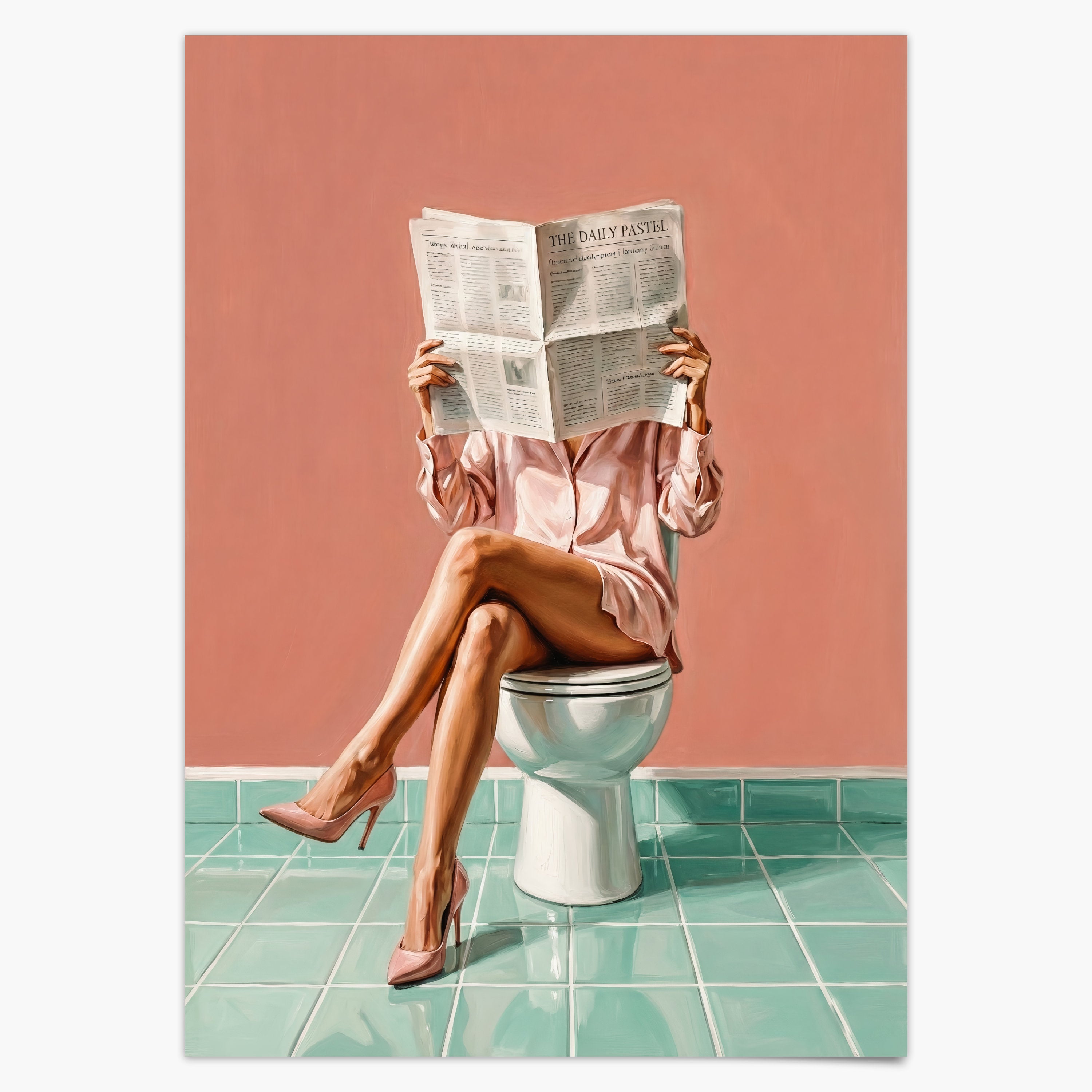 Frau liest Zeitung auf Toilette in High Heels Poster Badezimmer Deko Pastell Vintage Kunst