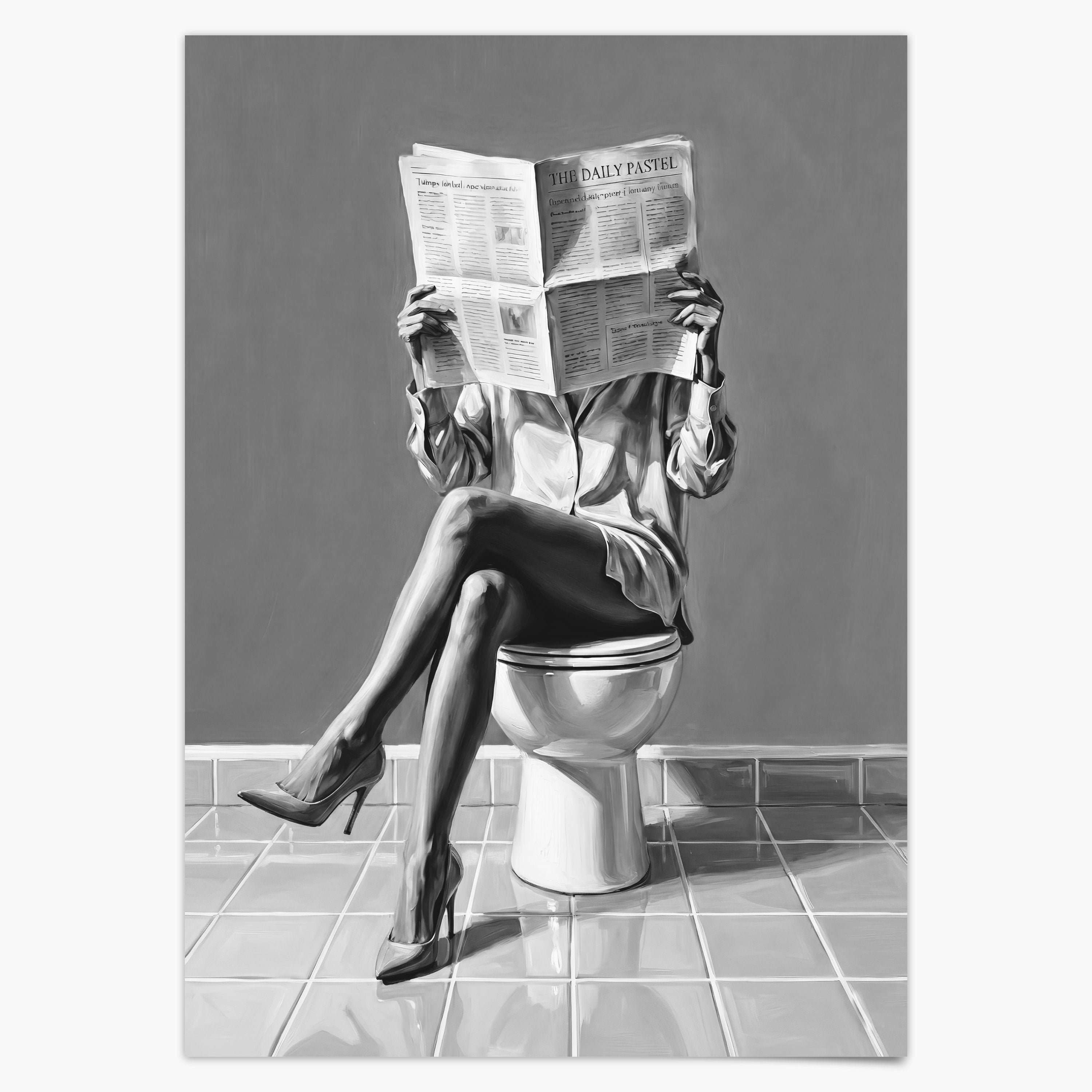 Schwarz Weiß Poster Badezimmer Ölgemälde Frau  in High Heels liest Zeitung auf Toilette