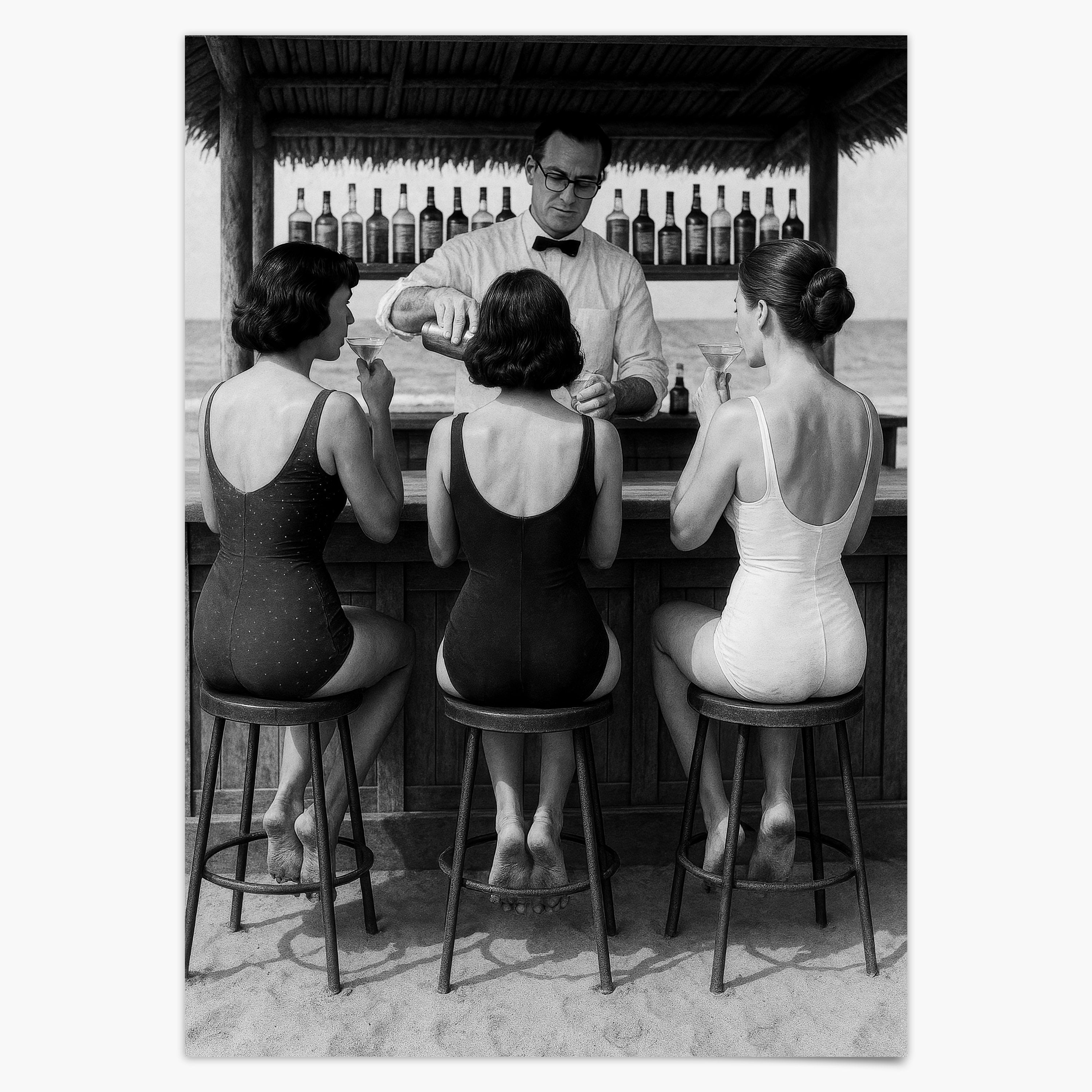 Frauen trinken Cocktails an der Bar Vintage Poster Wandkunst, schwarz weiß Druck, drei Freunde Vintage Bild, Alkohol Kunst, Retro Poster Art