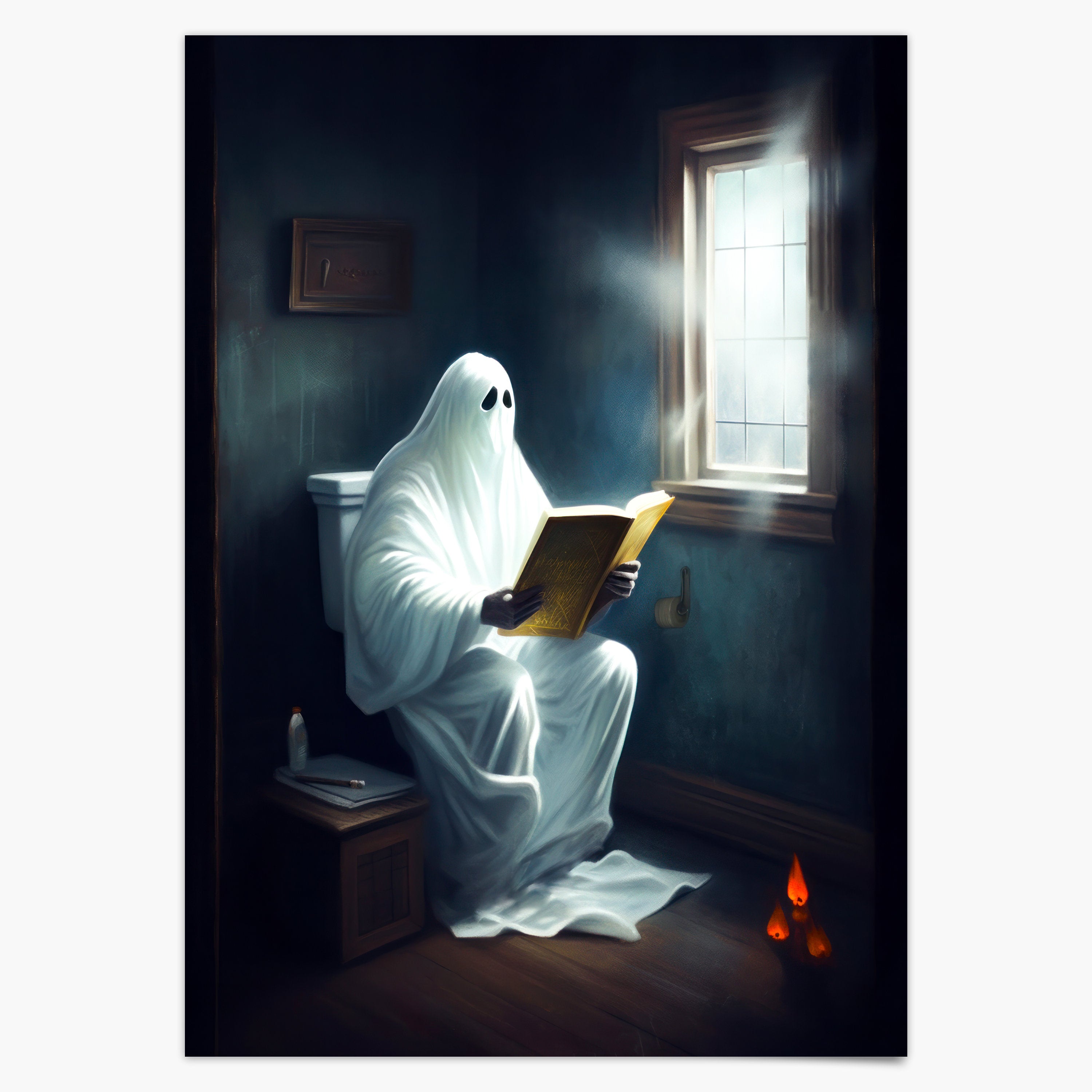 Badezimmer Poster Geist liest Buch auf Toilette Bild für Badezimmer Deko Lustig Gothic Wanddekoration Art Deco Halloween Vintage Poster
