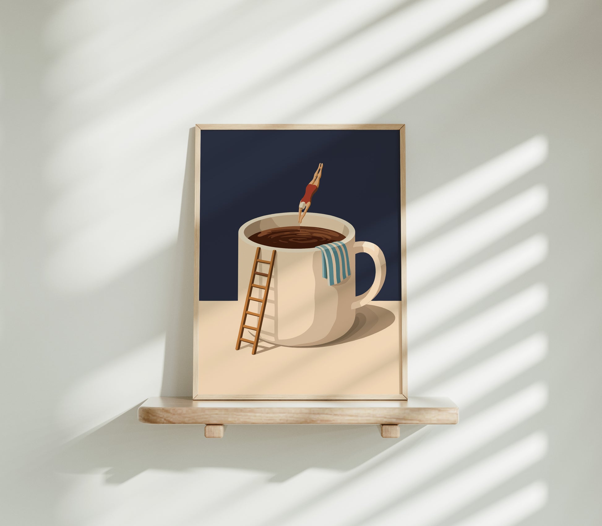 Küchen Kaffee Poster Lustig - Taucher springt in Kaffeebecher