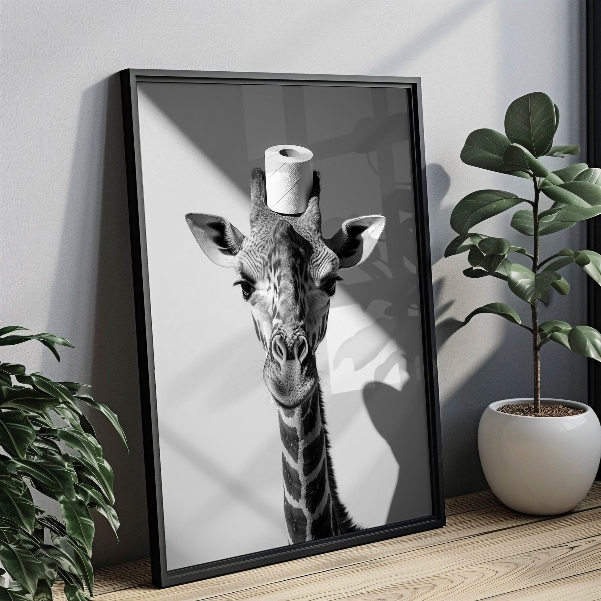 Giraffe mit einer Toilettenpapierrolle auf dem Kopf - Poster Badezimmer Bilder Lustig
