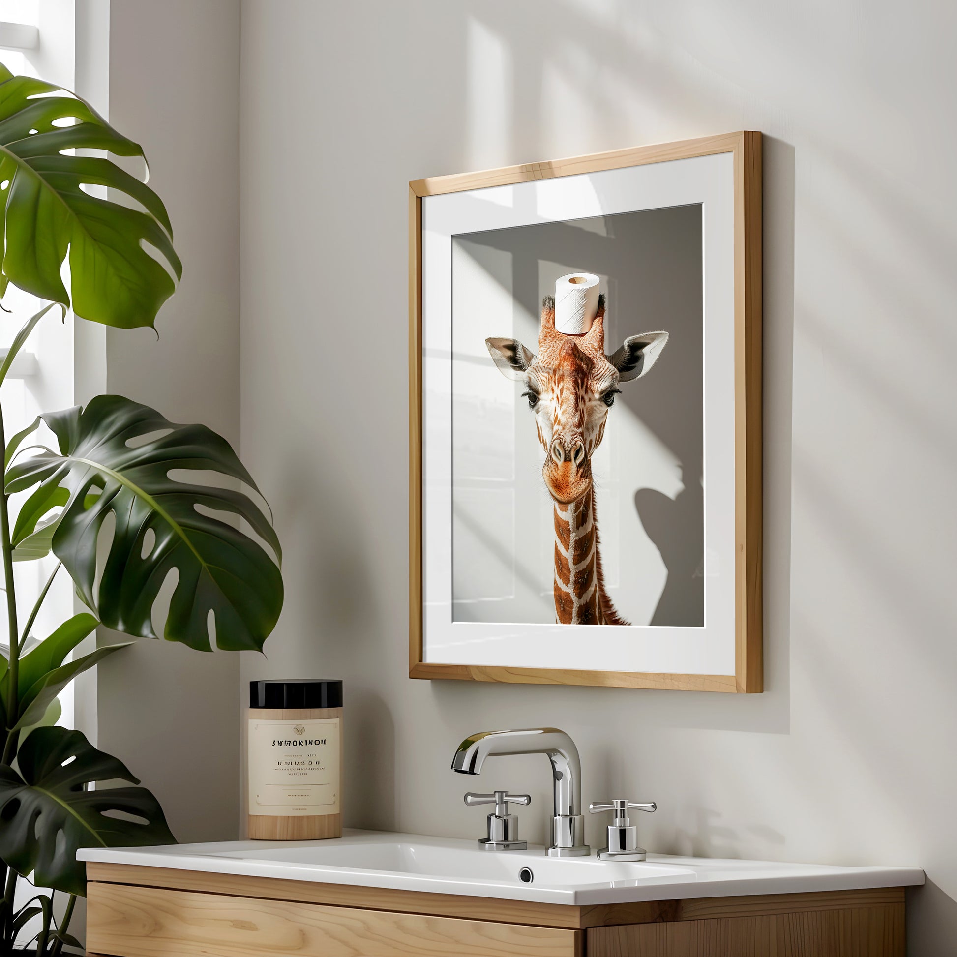 Giraffe mit einer Toilettenpapierrolle auf dem Kopf - Poster Badezimmer Wanddekoration