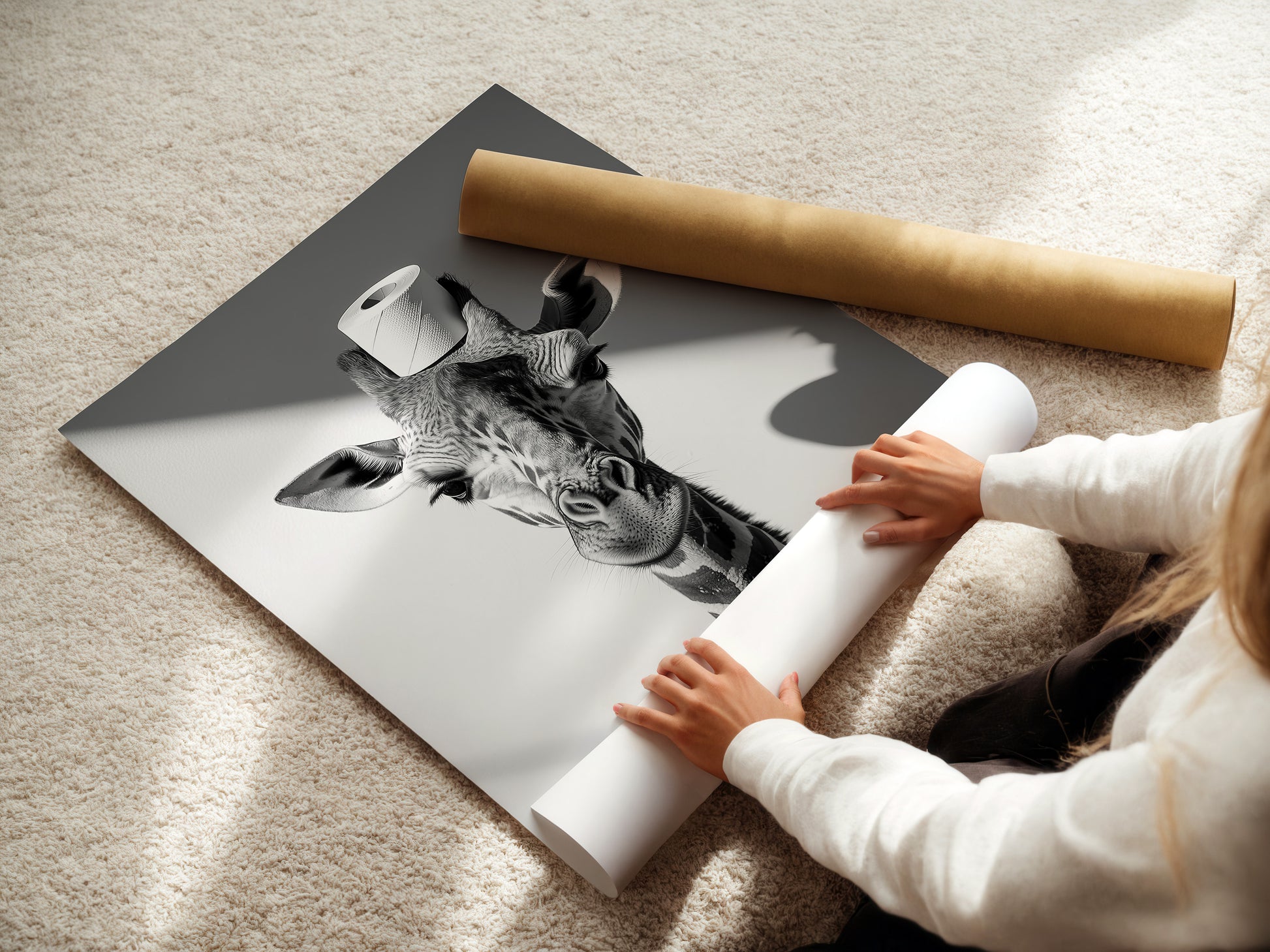 Giraffe mit einer Toilettenpapierrolle auf dem Kopf - Poster Badezimmer Bilder Lustig