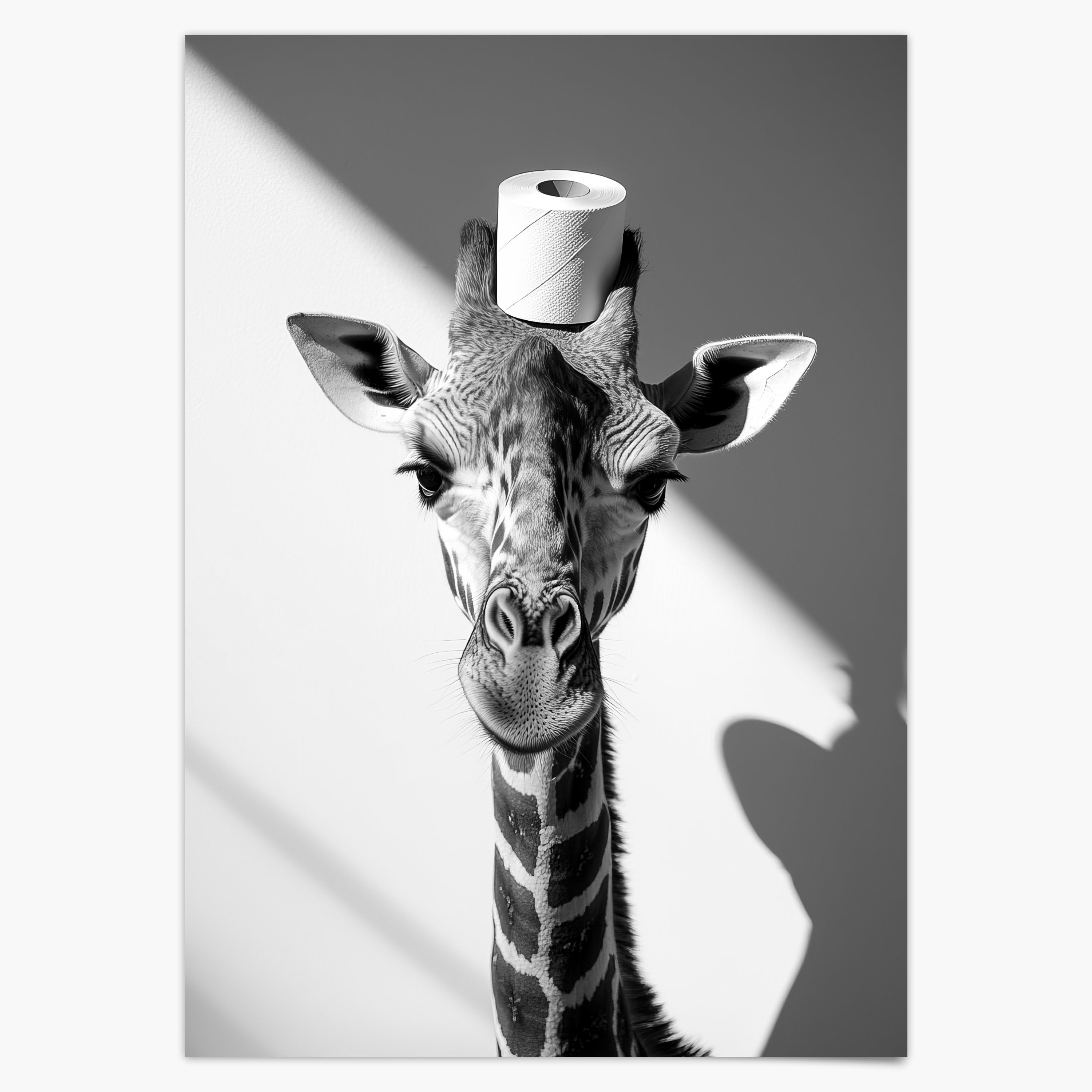 Giraffe mit einer Toilettenpapierrolle auf dem Kopf - Poster Badezimmer Bilder Lustig