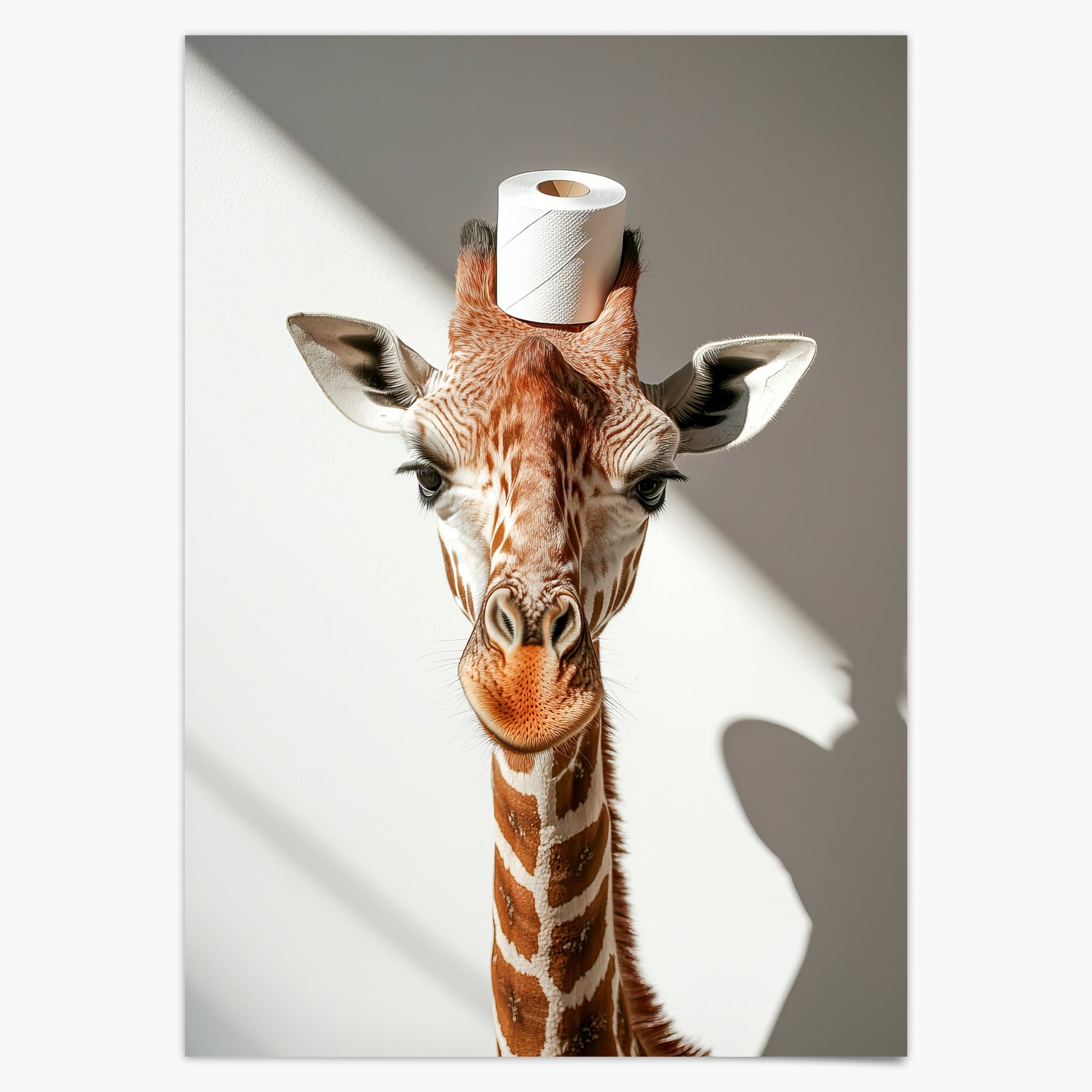 Giraffe mit einer Toilettenpapierrolle auf dem Kopf - Poster Badezimmer Wanddekoration