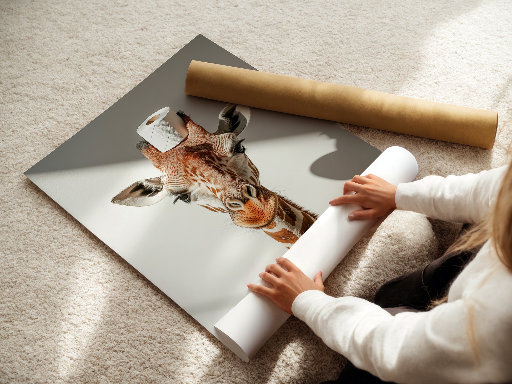 Giraffe mit einer Toilettenpapierrolle auf dem Kopf - Poster Badezimmer Wanddekoration