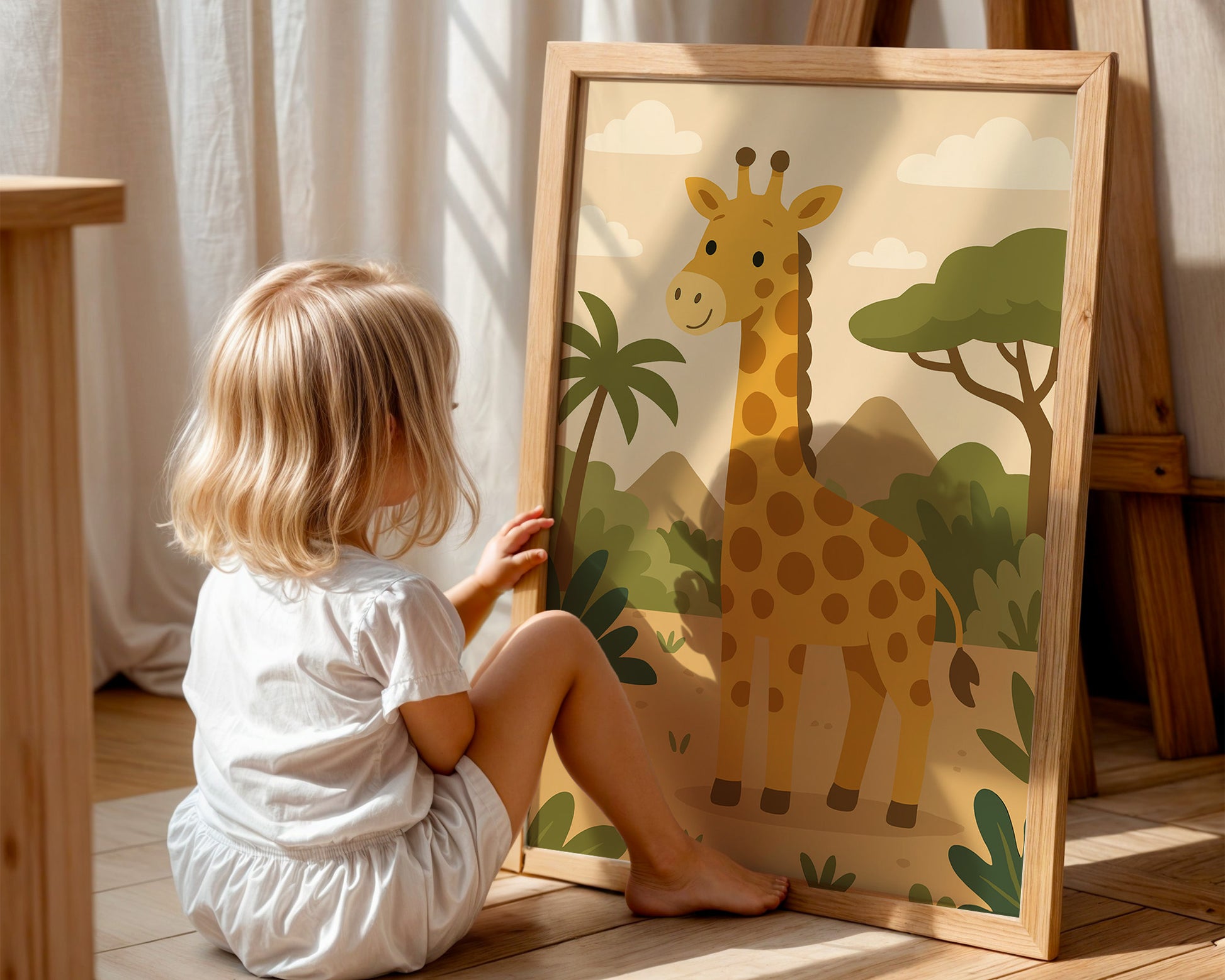 Safari Poster Personalisiert mit Namen für Kinderzimmer, Bilder Löwe, Giraffe, Geländewagen, Hakuna Matata - Einzeln oder als SET
