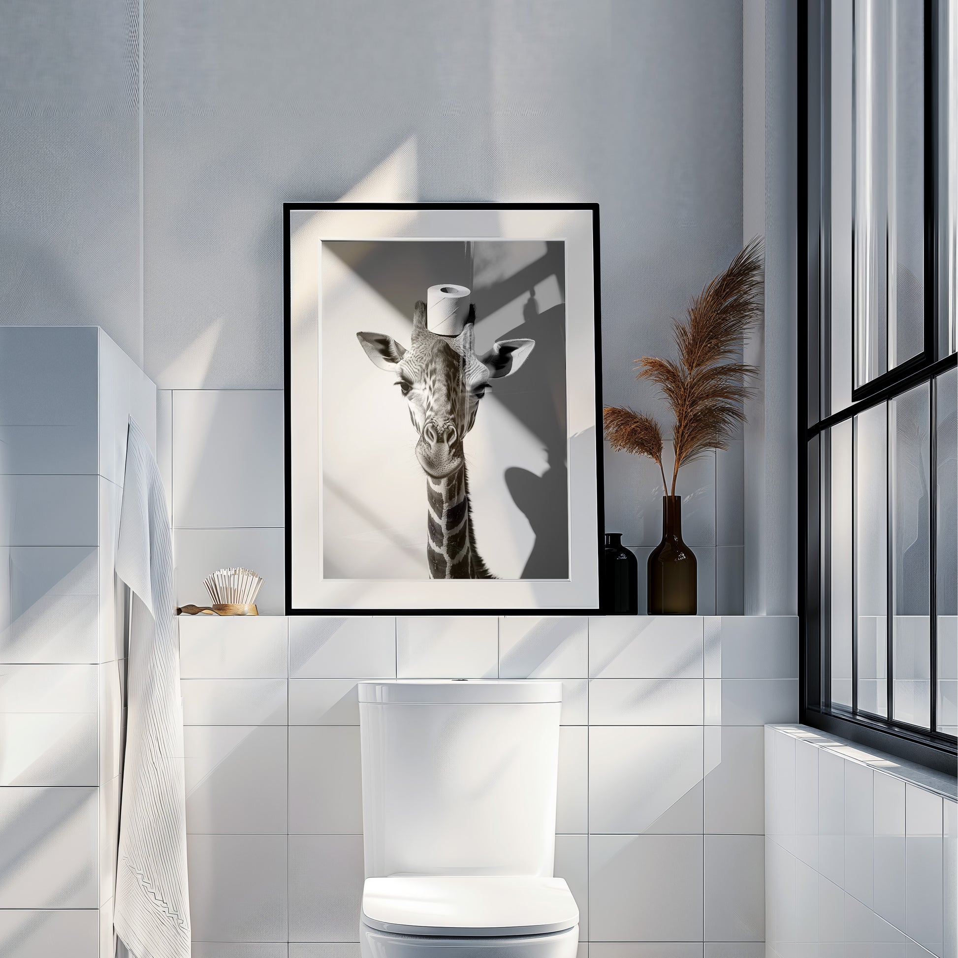 Giraffe mit einer Toilettenpapierrolle auf dem Kopf - Poster Badezimmer Bilder Lustig