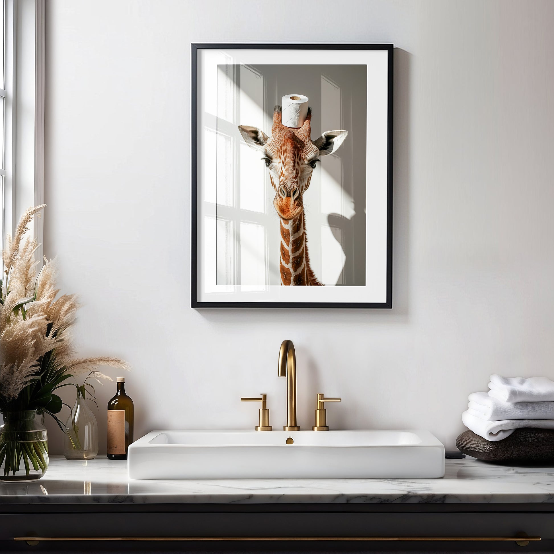 Giraffe mit einer Toilettenpapierrolle auf dem Kopf - Poster Badezimmer Wanddekoration