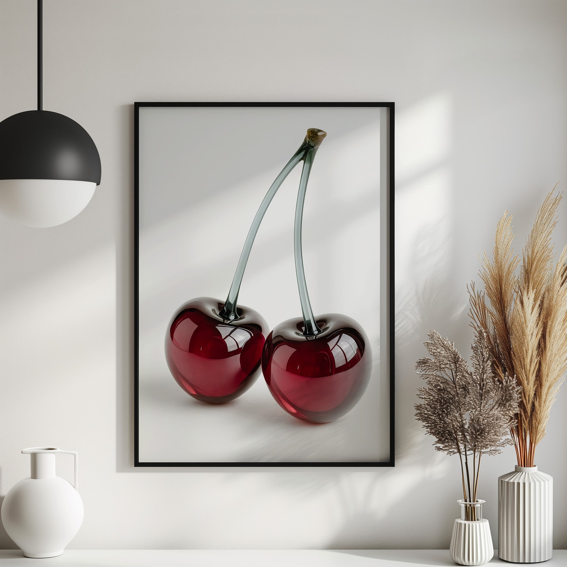 Glaskirschen Poster – Modernes Wandbild, Glas Kunstprint, Stillleben mit Kirschen
