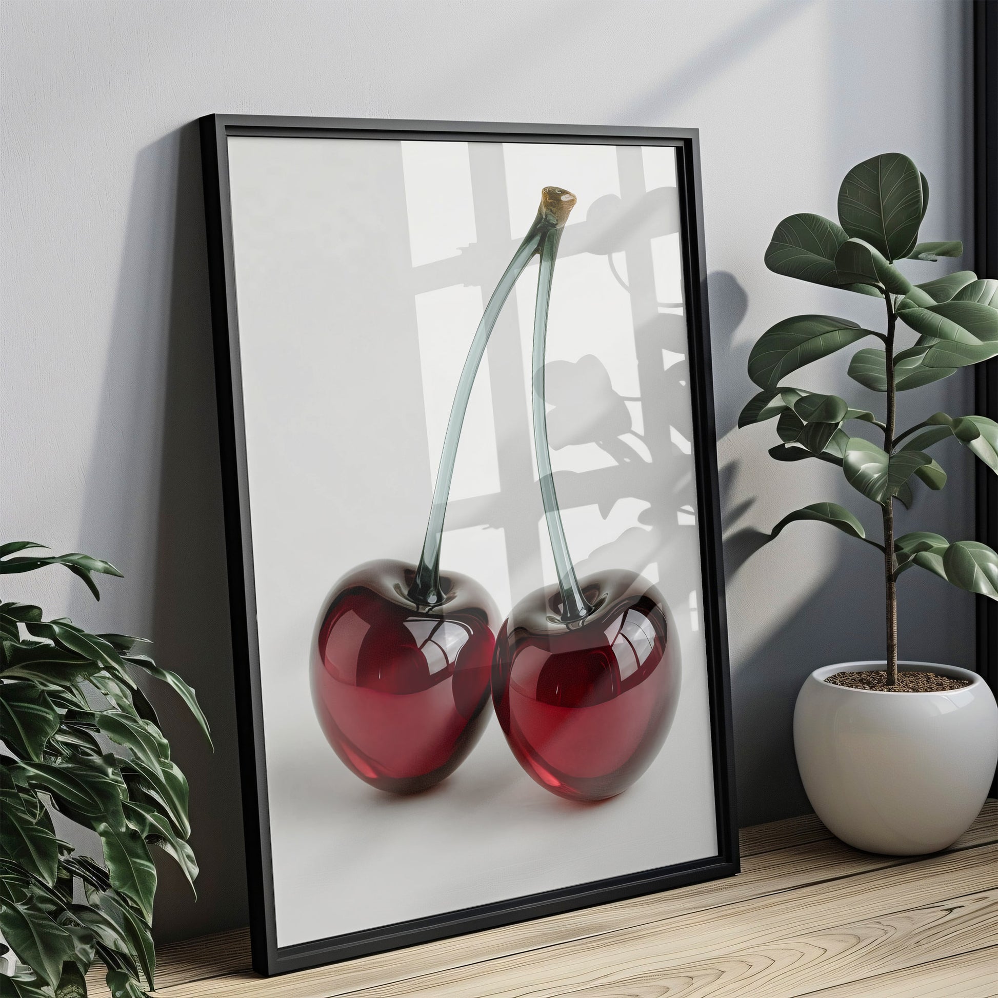 Glaskirschen Poster – Modernes Wandbild, Glas Kunstprint, Stillleben mit Kirschen