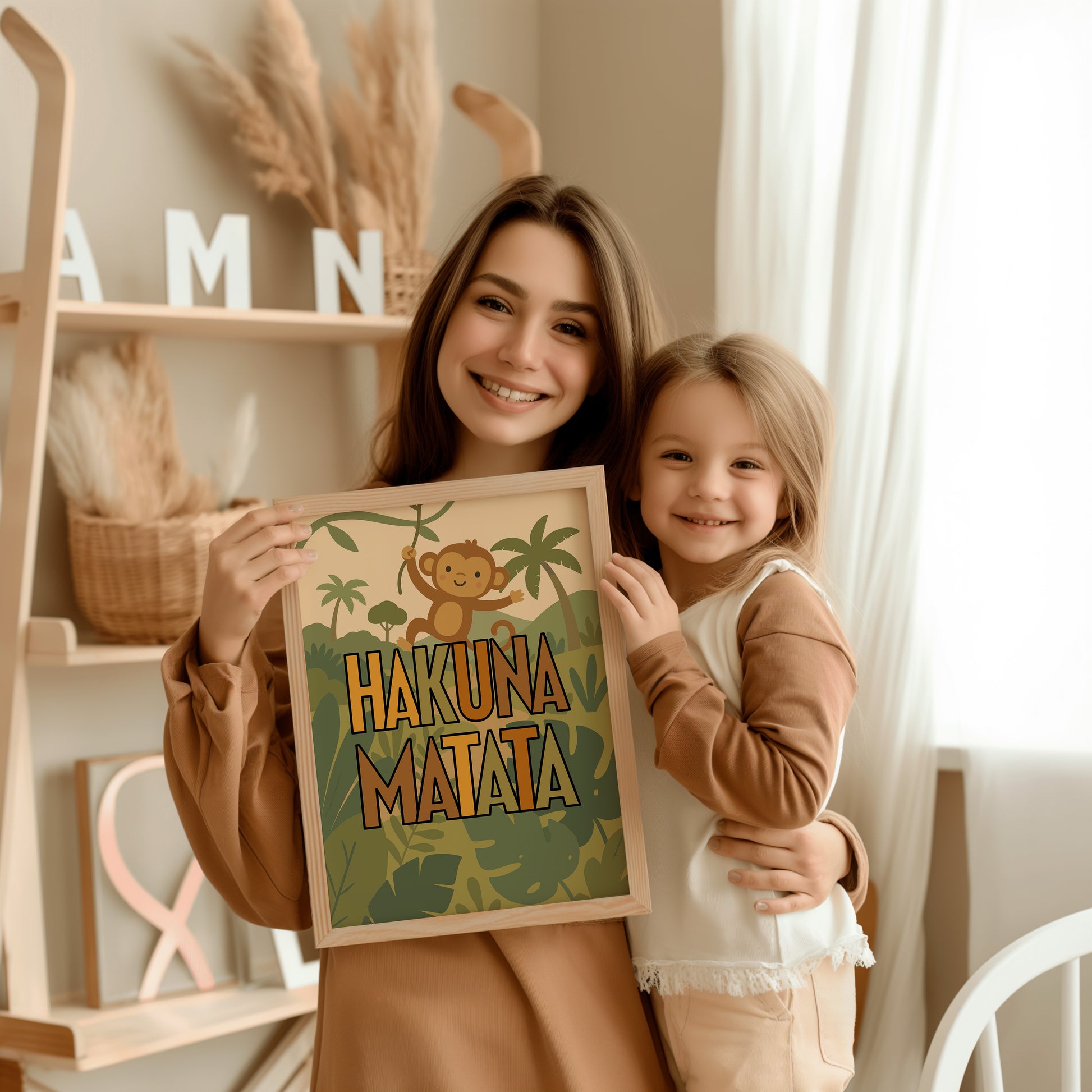 Safari Poster Personalisiert mit Namen für Kinderzimmer, Bilder Löwe, Giraffe, Geländewagen, Hakuna Matata - Einzeln oder als SET