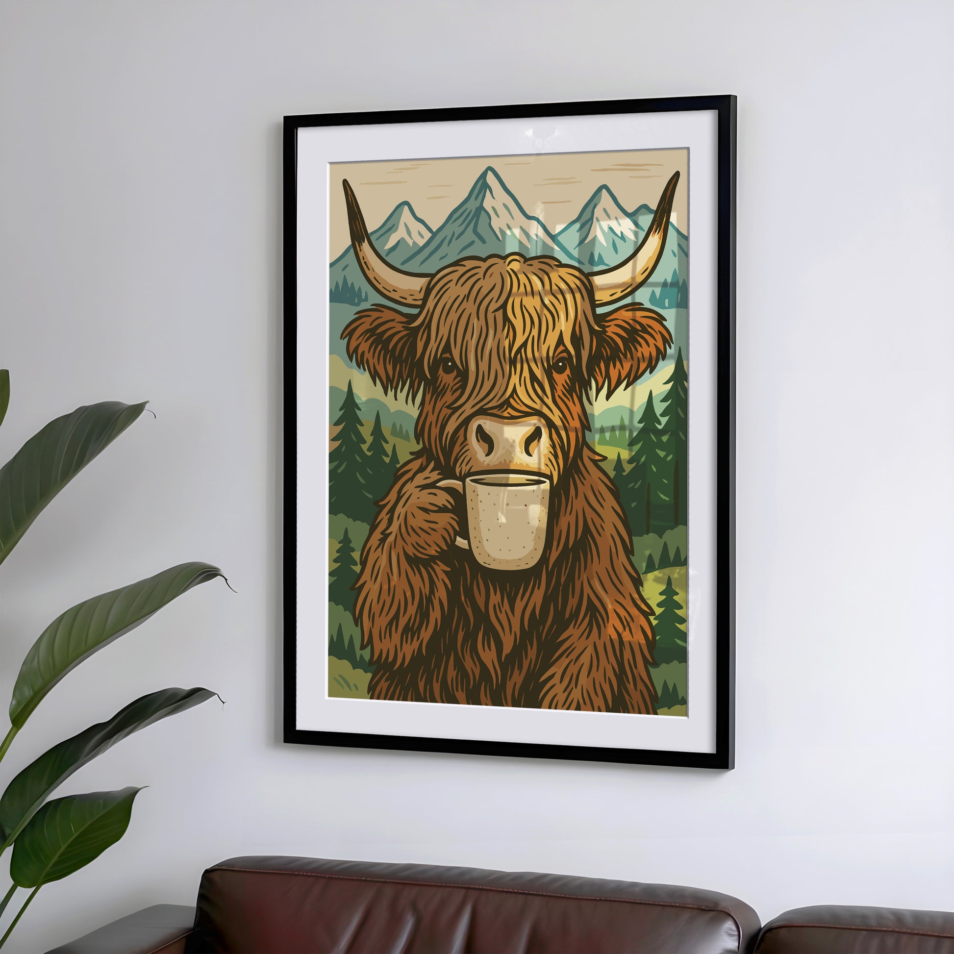Highland Kuh trinkt Kaffee - Boho Poster Deko - Esszimmer Poster - Küchen Deko Print - Geschenk Kaffeeliebhaber - Moderne Wohndekoration