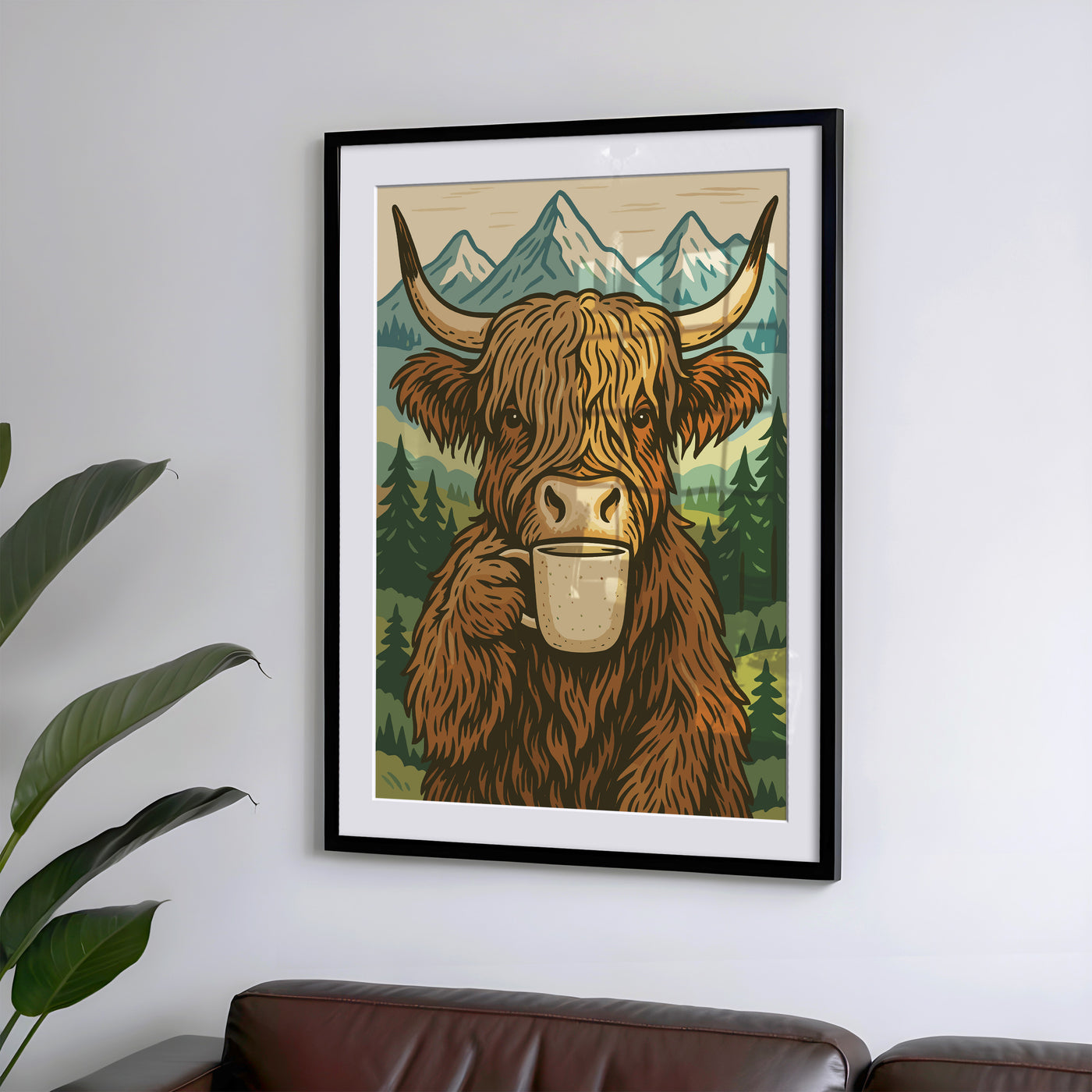 Highland Kuh trinkt Kaffee - Boho Poster Deko - Esszimmer Poster - Küchen Deko Print - Geschenk Kaffeeliebhaber - Moderne Wohndekoration