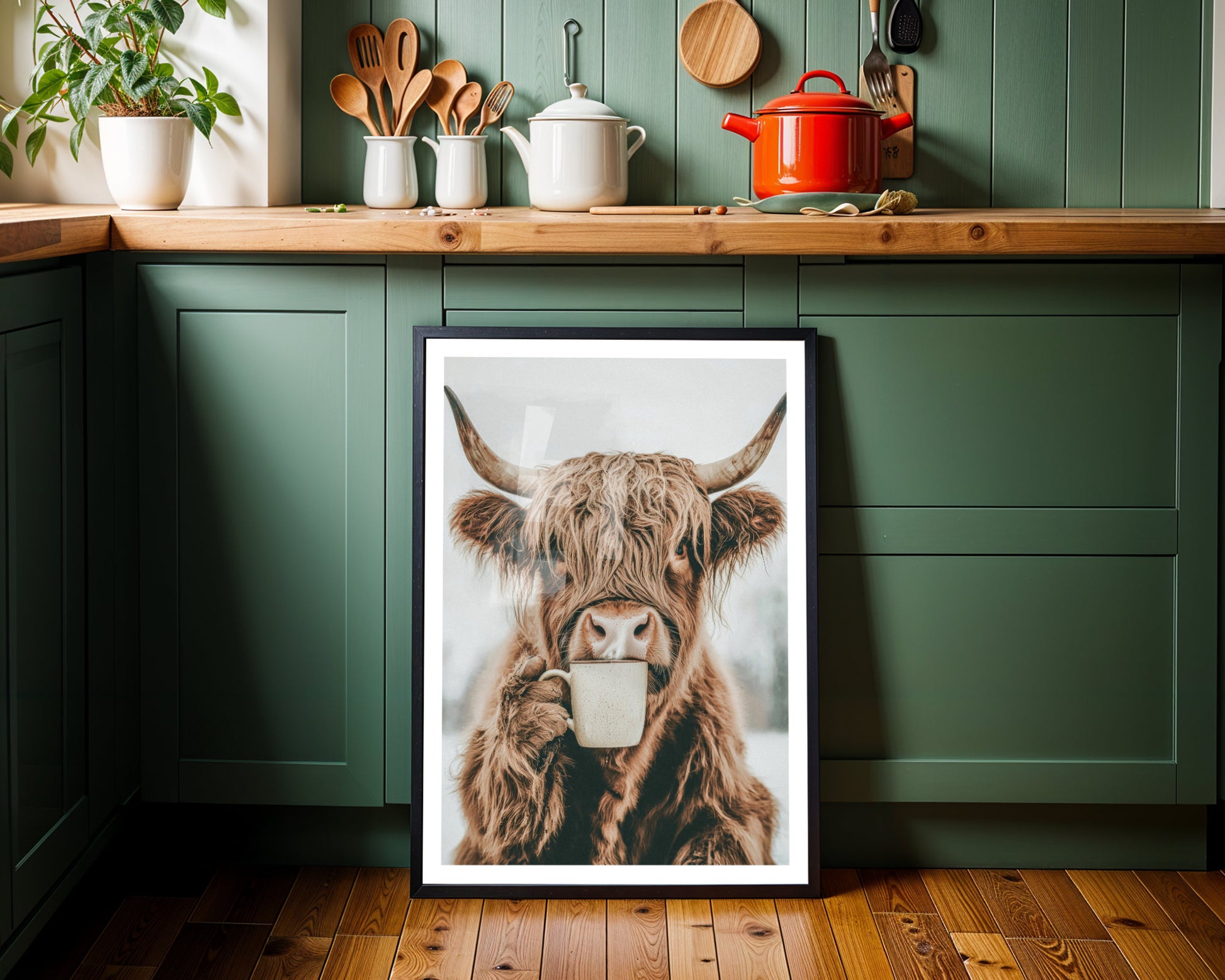 Küchen Prints Kaffeeposter Highland Kuh Trinkt Kaffee Esszimmer Bild Küchen Poster Küchen Deko Wand Kaffee Geschenk Umzug Highland Cow