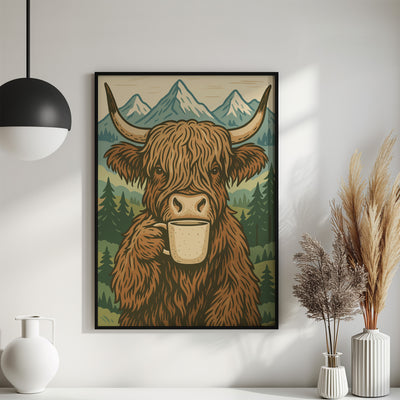 Highland Kuh trinkt Kaffee - Boho Poster Deko - Esszimmer Poster - Küchen Deko Print - Geschenk Kaffeeliebhaber - Moderne Wohndekoration