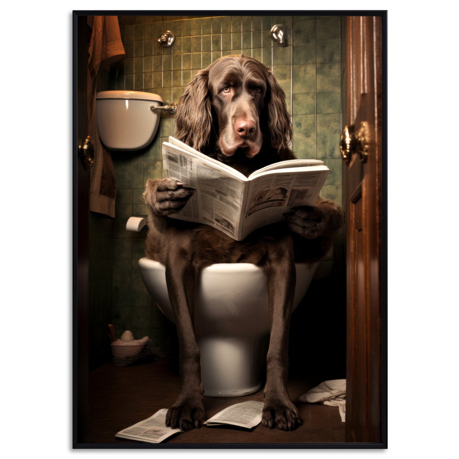 Hund auf Klo Poster Gäste WC Badezimmer Bilder lustig Badezimmer Deko Wanddekoration Hund liest Zeitung Art Deco