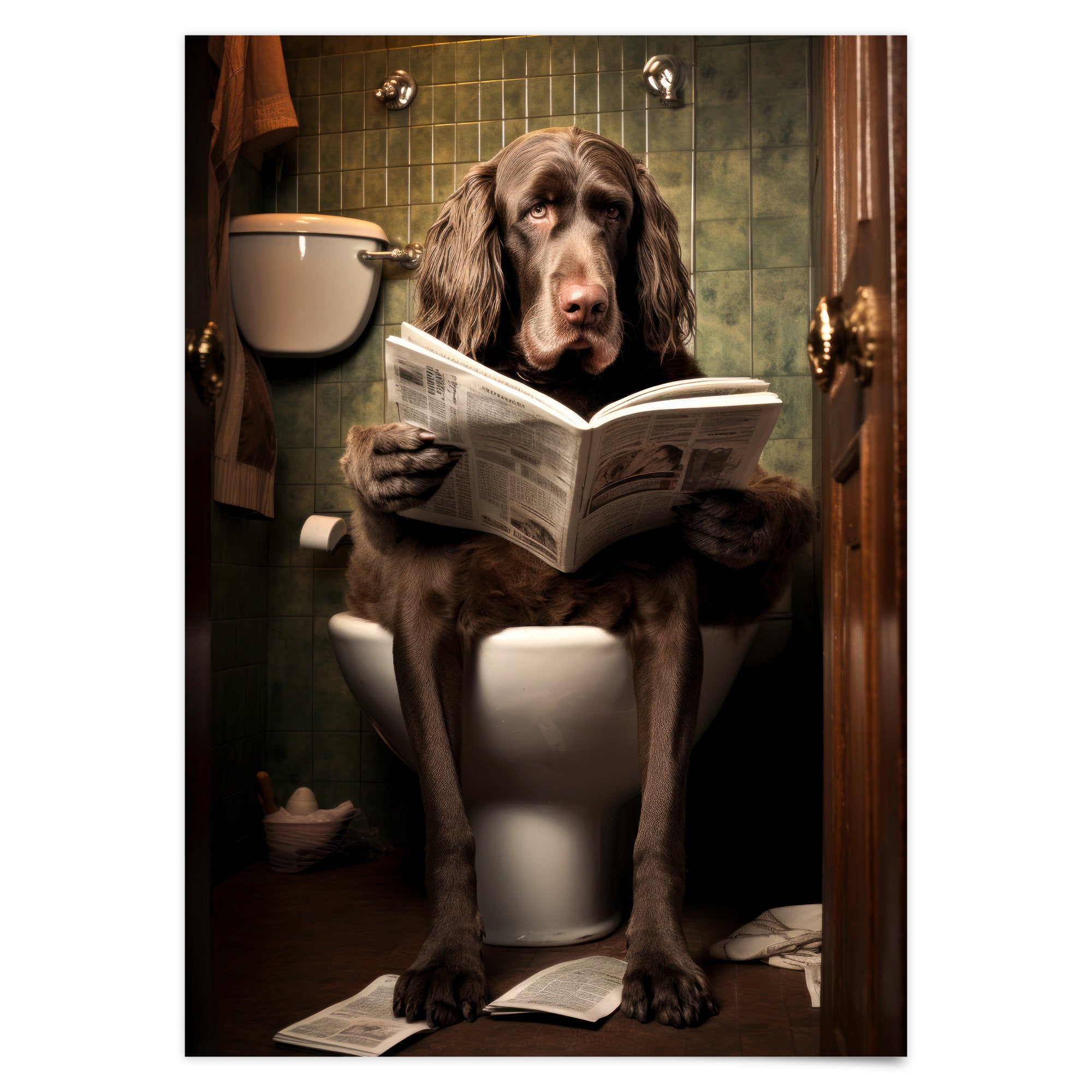 Hund auf Klo Poster Gäste WC Badezimmer Bilder lustig Badezimmer Deko Wanddekoration Hund liest Zeitung Art Deco