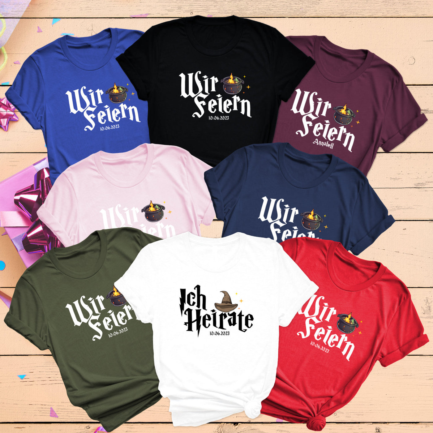 Braut JGA Junggesellinnenabschied Shirts Ich Heirate Wir Feiern Witches JGA Personalisiert Wunschdatum oder Wunschname JGA Unisex Shirts