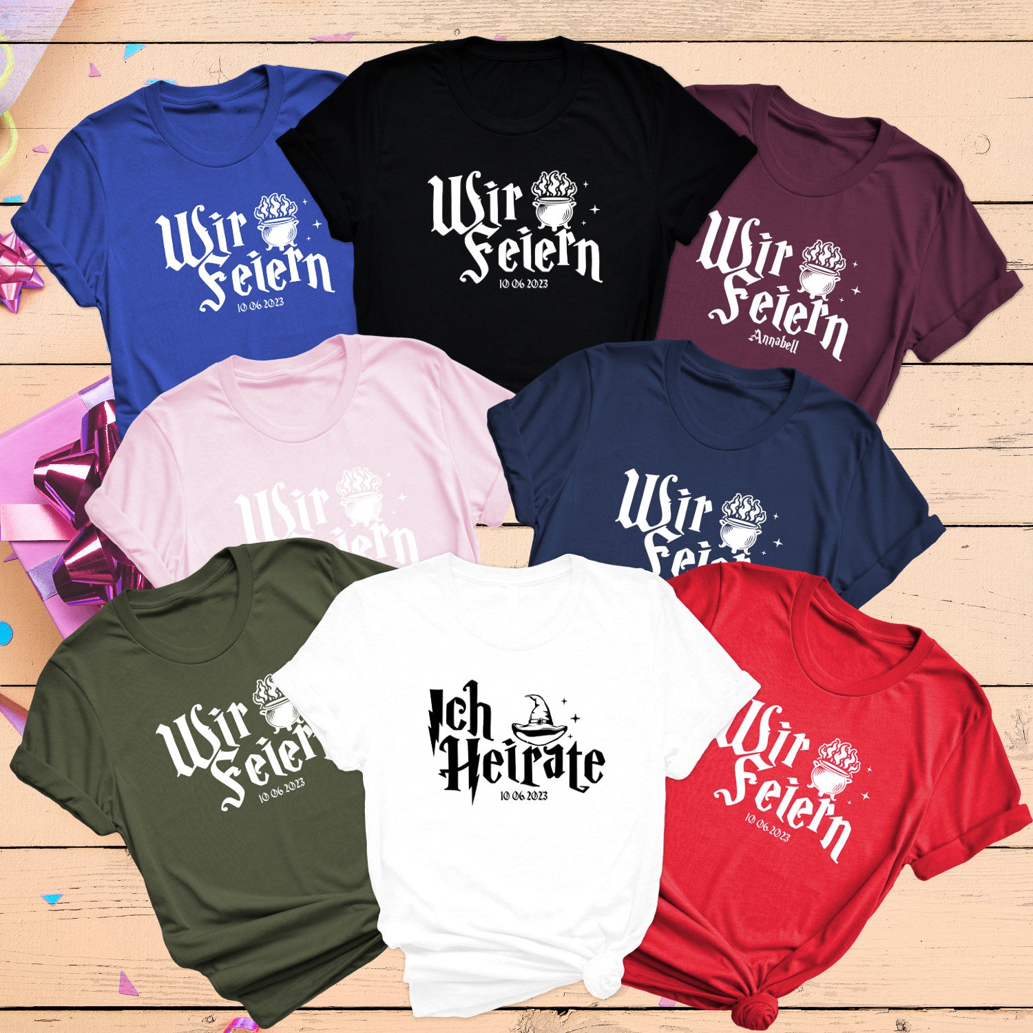 Braut JGA Junggesellinnenabschied Shirts Ich Heirate Wir Feiern Witches JGA Personalisiert Wunschdatum oder Wunschname JGA Unisex Shirts