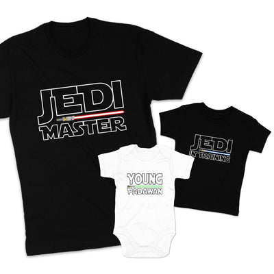 Vater Sohn Partnerlook Jedi Master Young Padawan Shirts Mutter Tochter Outfit Vater Baby Geschenk Babybody bedruckt Vatertagsgeschenk Galaxy