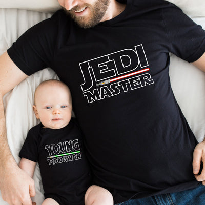 Vater Sohn Partnerlook Jedi Master Young Padawan Shirts Mutter Tochter Outfit Vater Baby Geschenk Babybody bedruckt Vatertagsgeschenk Galaxy