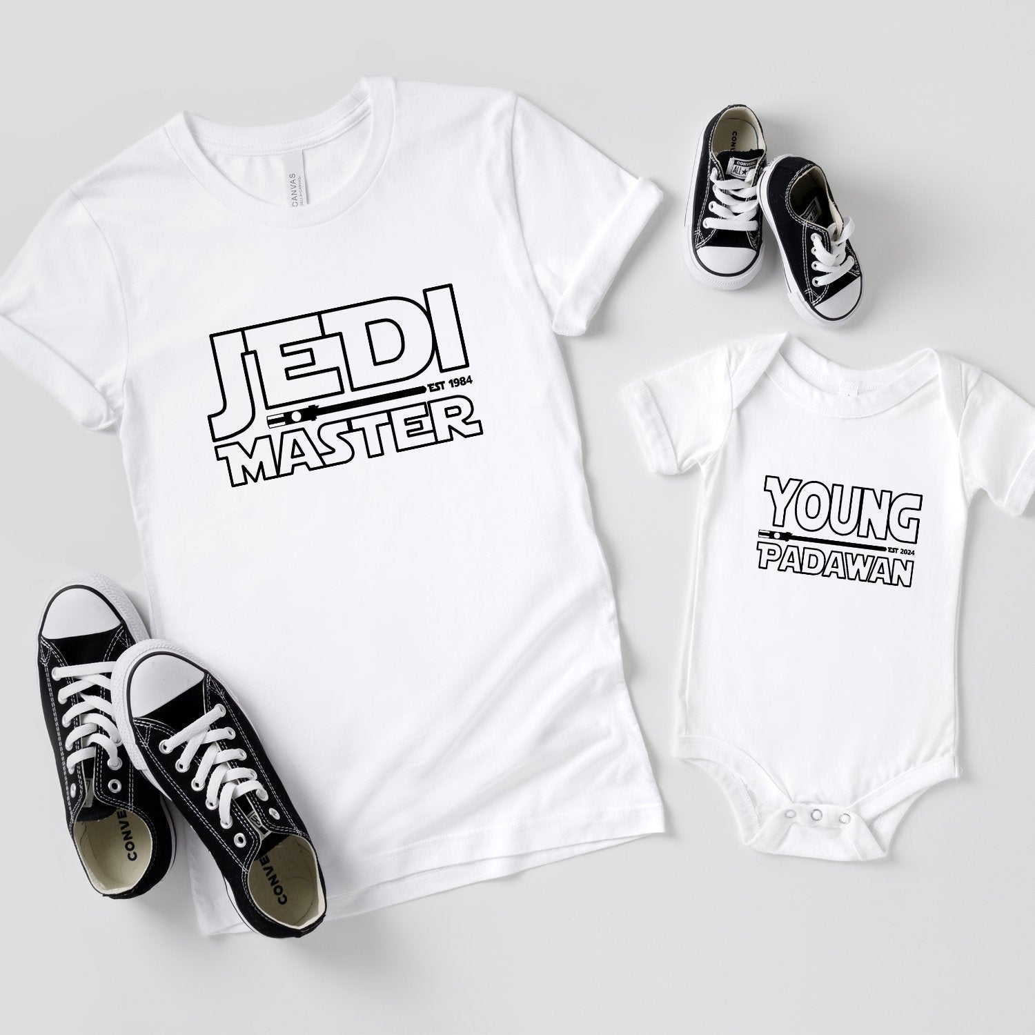 Vater Sohn Partnerlook Jedi Master Young Padawan Shirts Mutter Tochter Outfit Baby Geschenk Babybody bedruckt Vatertagsgeschenk Papa Shirt