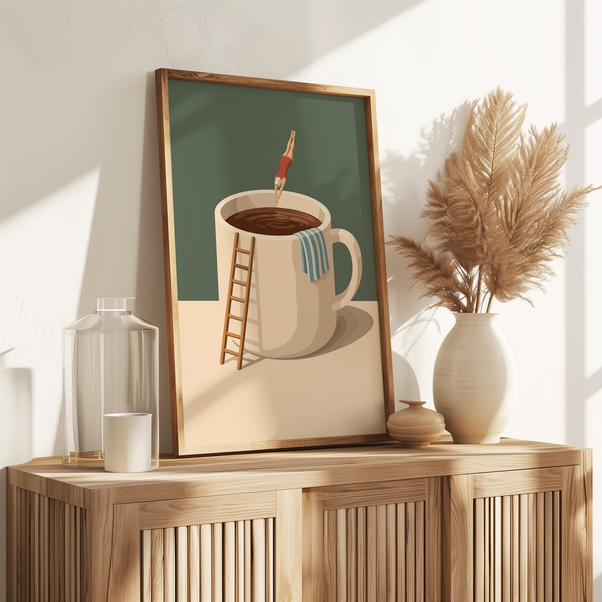 Taucher springt in Kaffeebecher - Lustiges Küchen Poster - Modernes Wohndekor Esszimmer