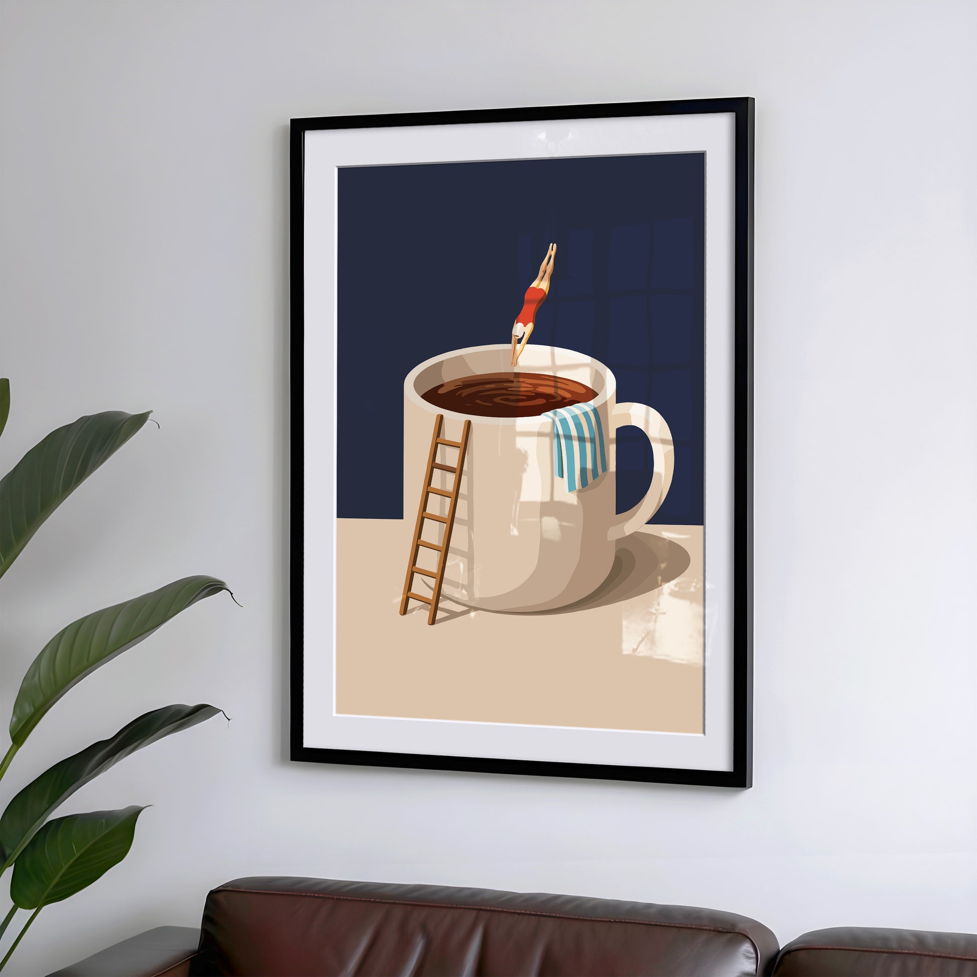Küchen Kaffee Poster Lustig - Taucher springt in Kaffeebecher